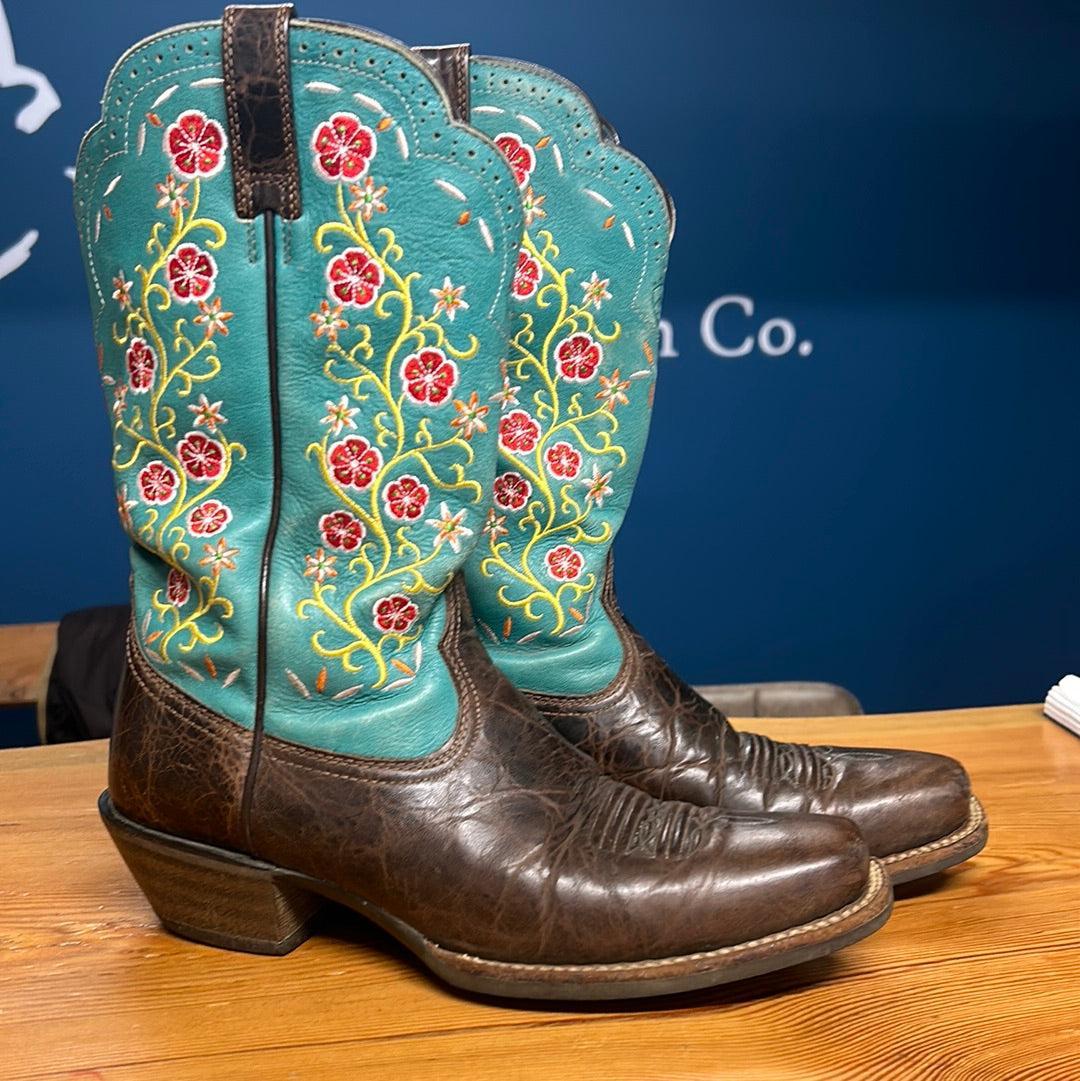 Ariat Blue Floral Cowboy Boots 8.5-Shoes-Consignment-Evolution Equestrian Co.