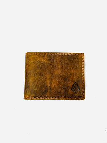 Brown leather wallet with a brand logo on a white background