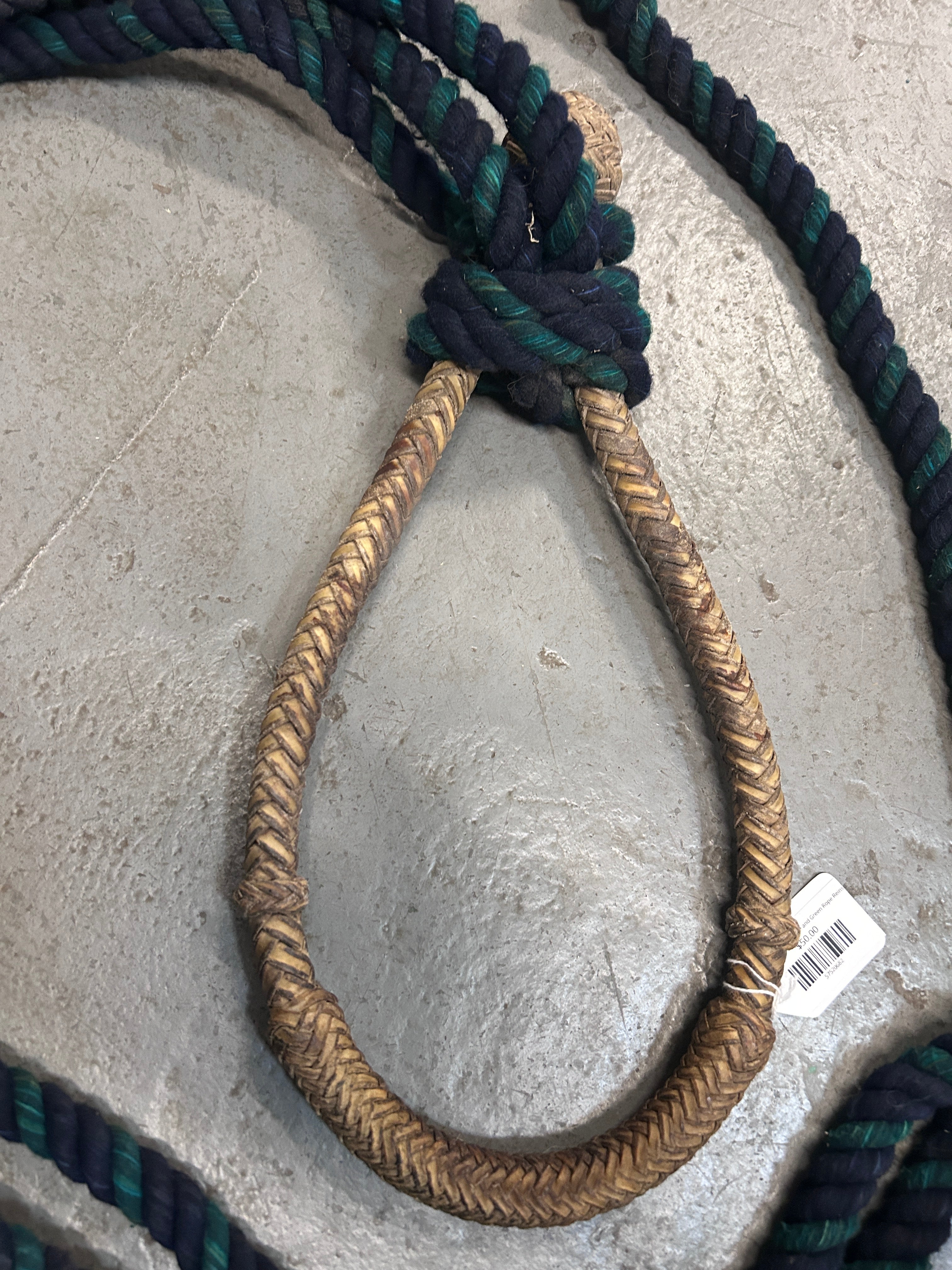Rawhide Bosal with Blue and Green Rope Reins