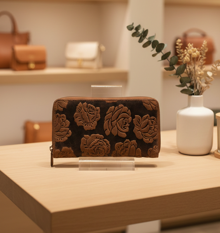 Alta Quero - Genuine Ladies Leather Wallet Embossed – Brown (Rose)-Alta Quero-Evolution Equestrian Co.