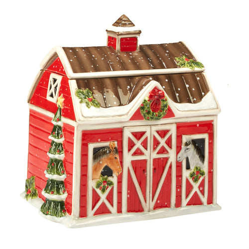 Certified International - Christmas on the Farm 3-D Barn Cookie Jar 10 in-Certified International-Evolution Equestrian Co.