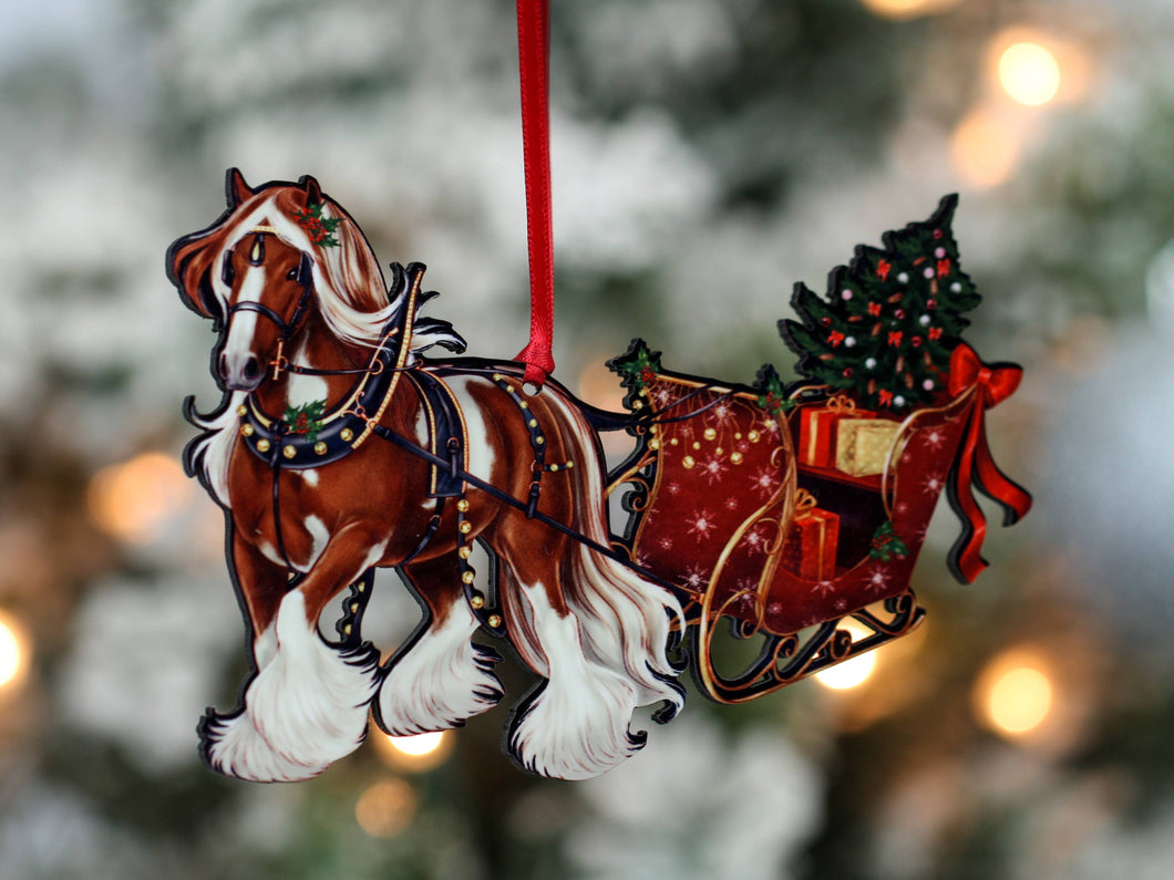 Classy Equine Chestnut Tobiano Gypsy Cob Horse Sleigh Christmas Ornament