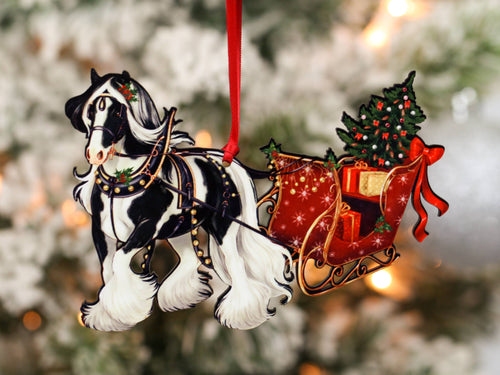 Classy Equine Gypsy Horse Sleigh Ornament, Gypsy Cob Christmas Horse Decor