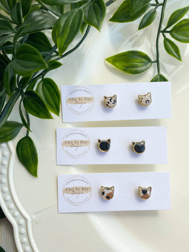 Clay by Day Designs - Mini Cat Studs - polymer clay earring, leopard print: Calico / Gold charm-Clay by Day Designs-Evolution Equestrian Co.