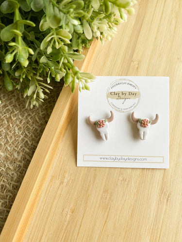 Clay by Day Designs - Western Country Boho Cattle/Cow Skull Stud Earring-Clay by Day Designs-Evolution Equestrian Co.