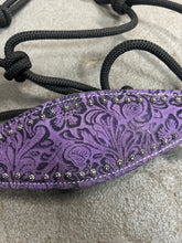 Load image into Gallery viewer, Black Rope Halter with Purple Bronc Noseband and Lead
