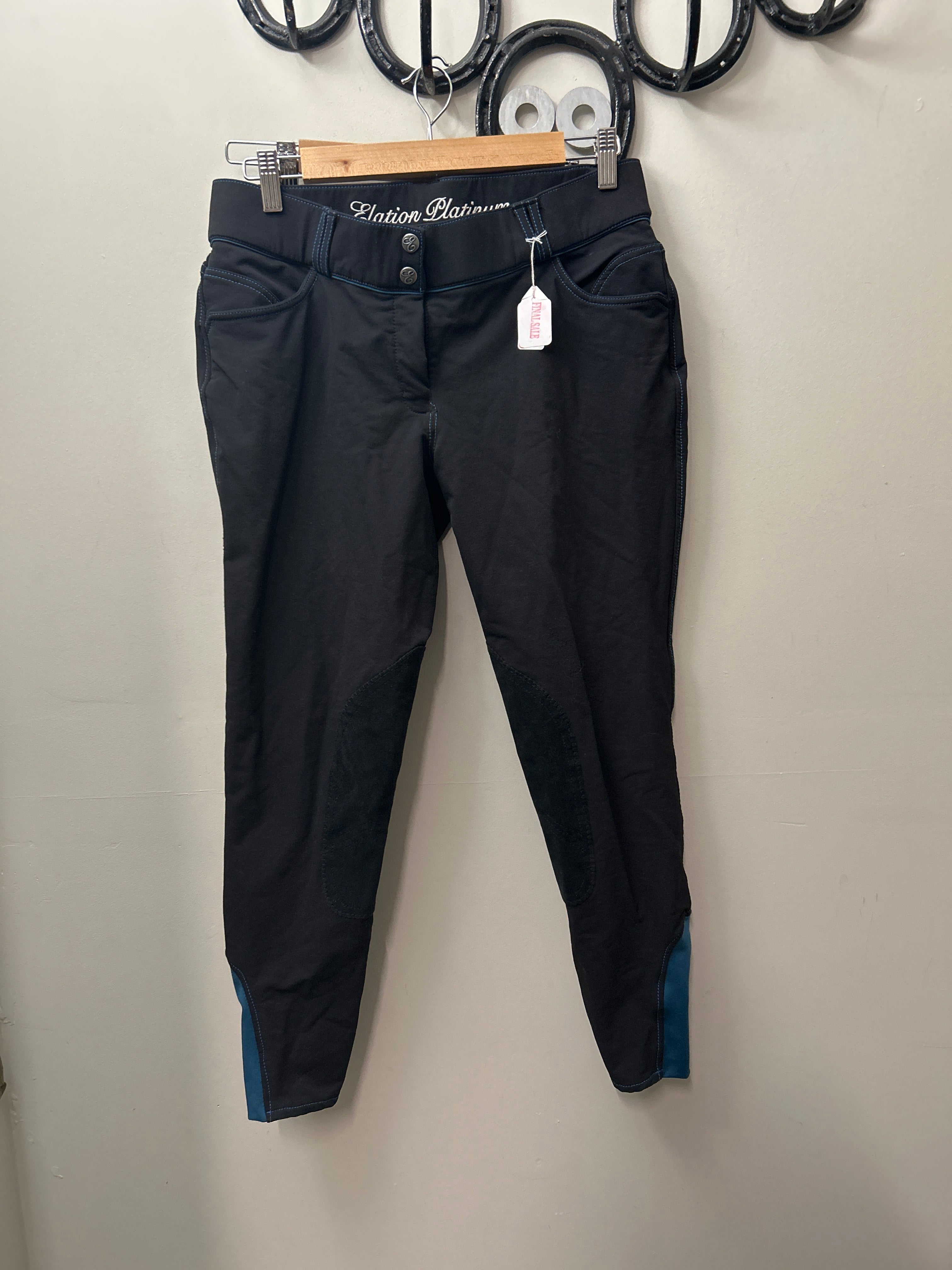 Elation Platinum Black and Blue Knee Patch Breeches 32-Riding Pants-Consignment-Evolution Equestrian Co.