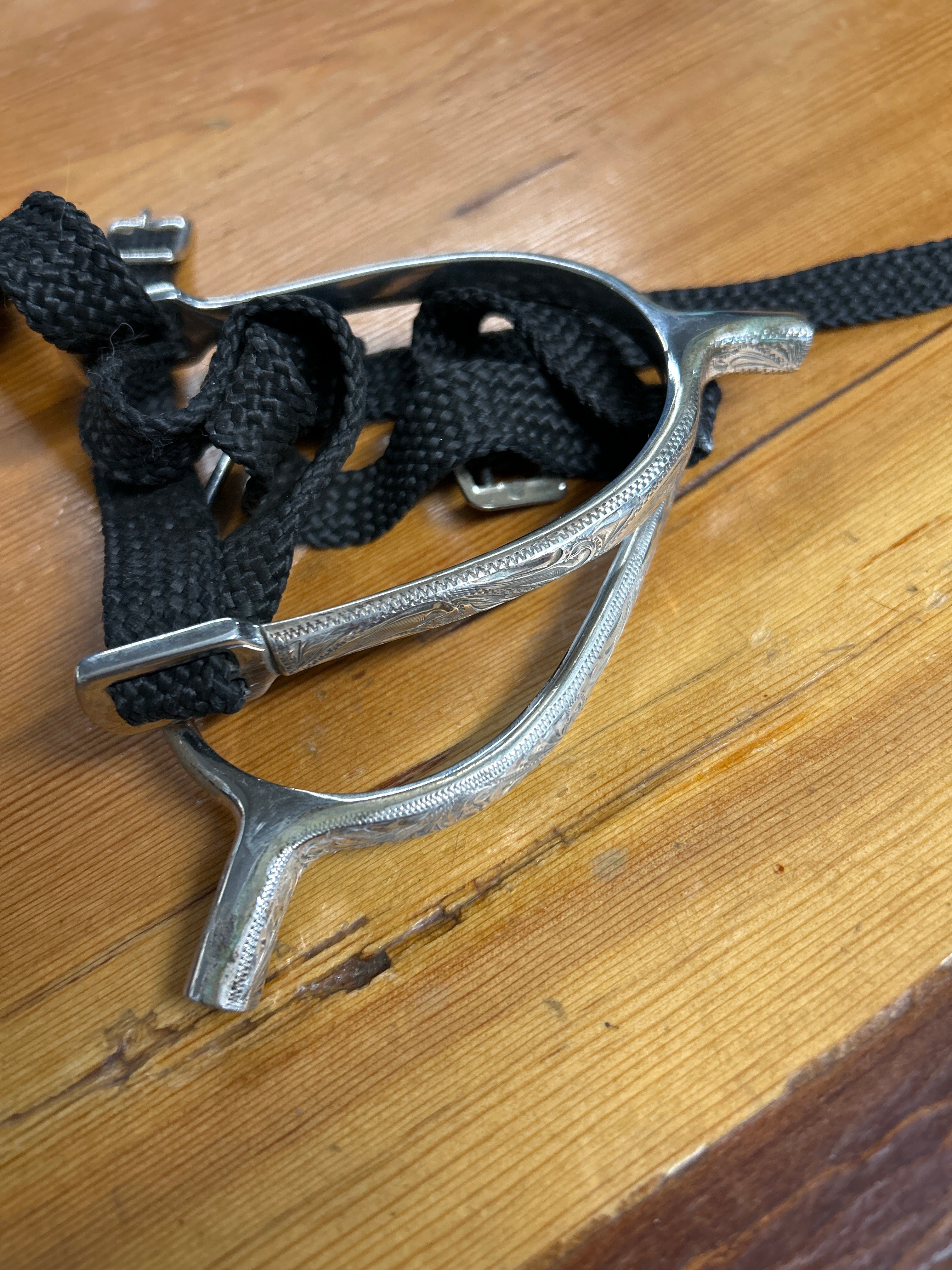 English Engraved Spurs with Nylon Straps-Spurs-Consignment-Evolution Equestrian Co.