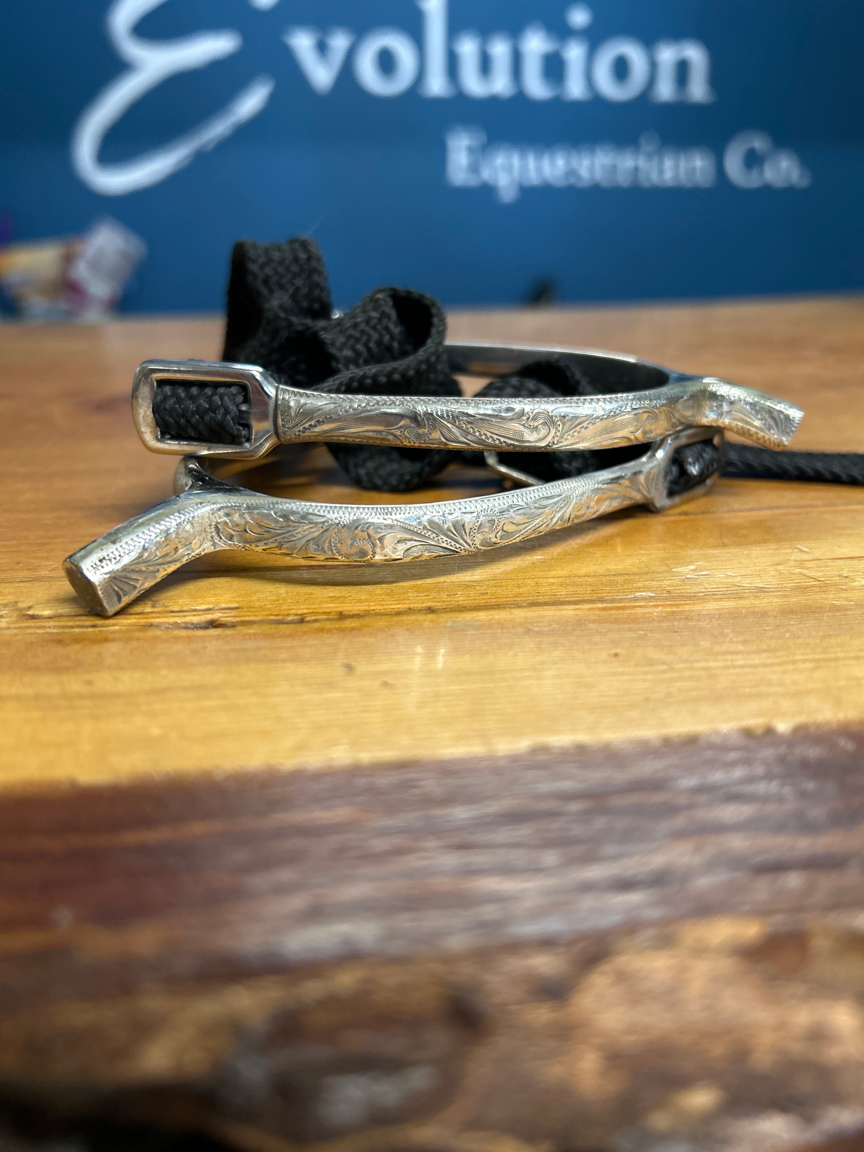 English Engraved Spurs with Nylon Straps-Spurs-Consignment-Evolution Equestrian Co.