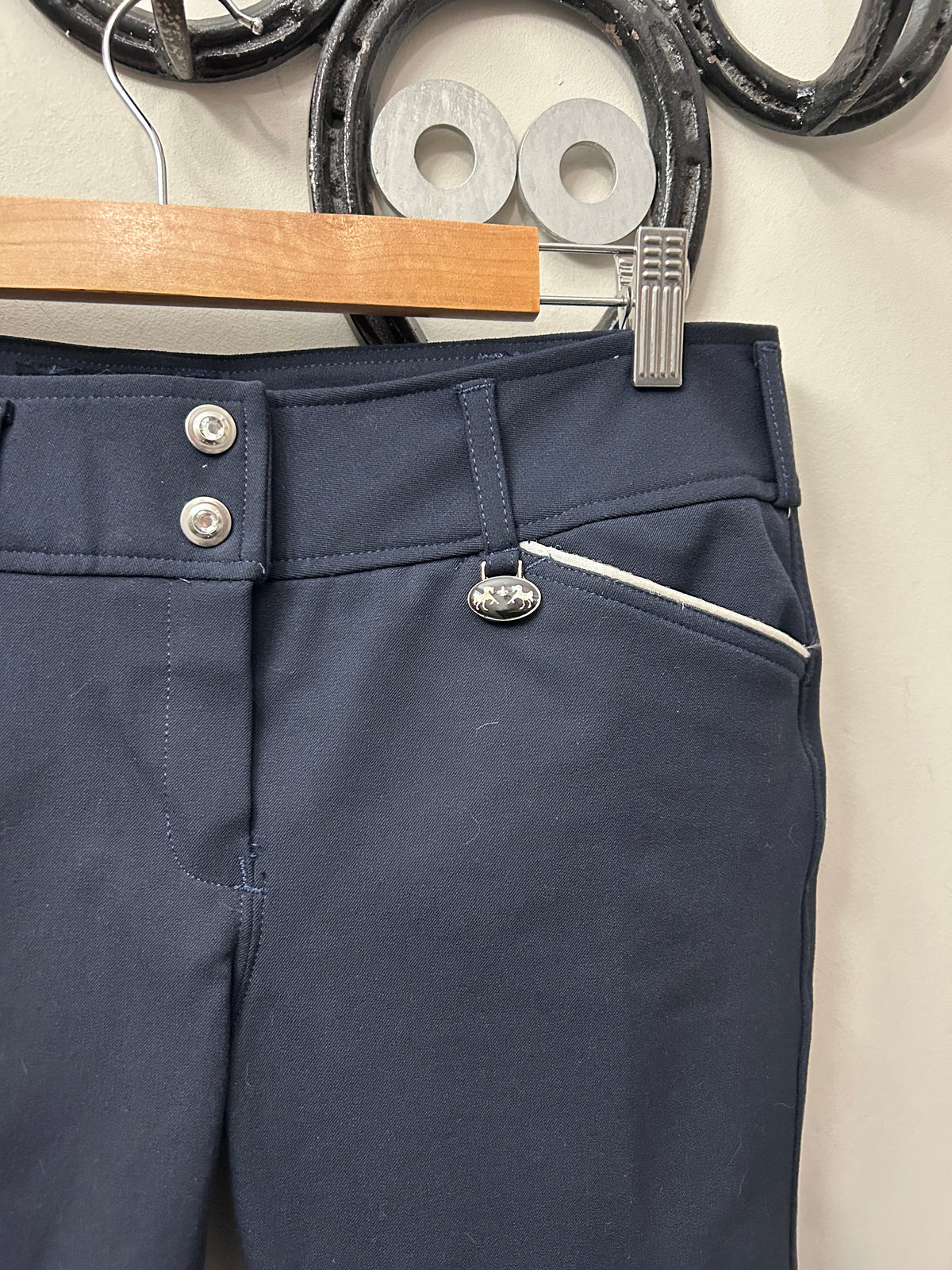 Equine Couture Navy Knee Patch Breeches 28-Breeches-Consignment-Evolution Equestrian Co.