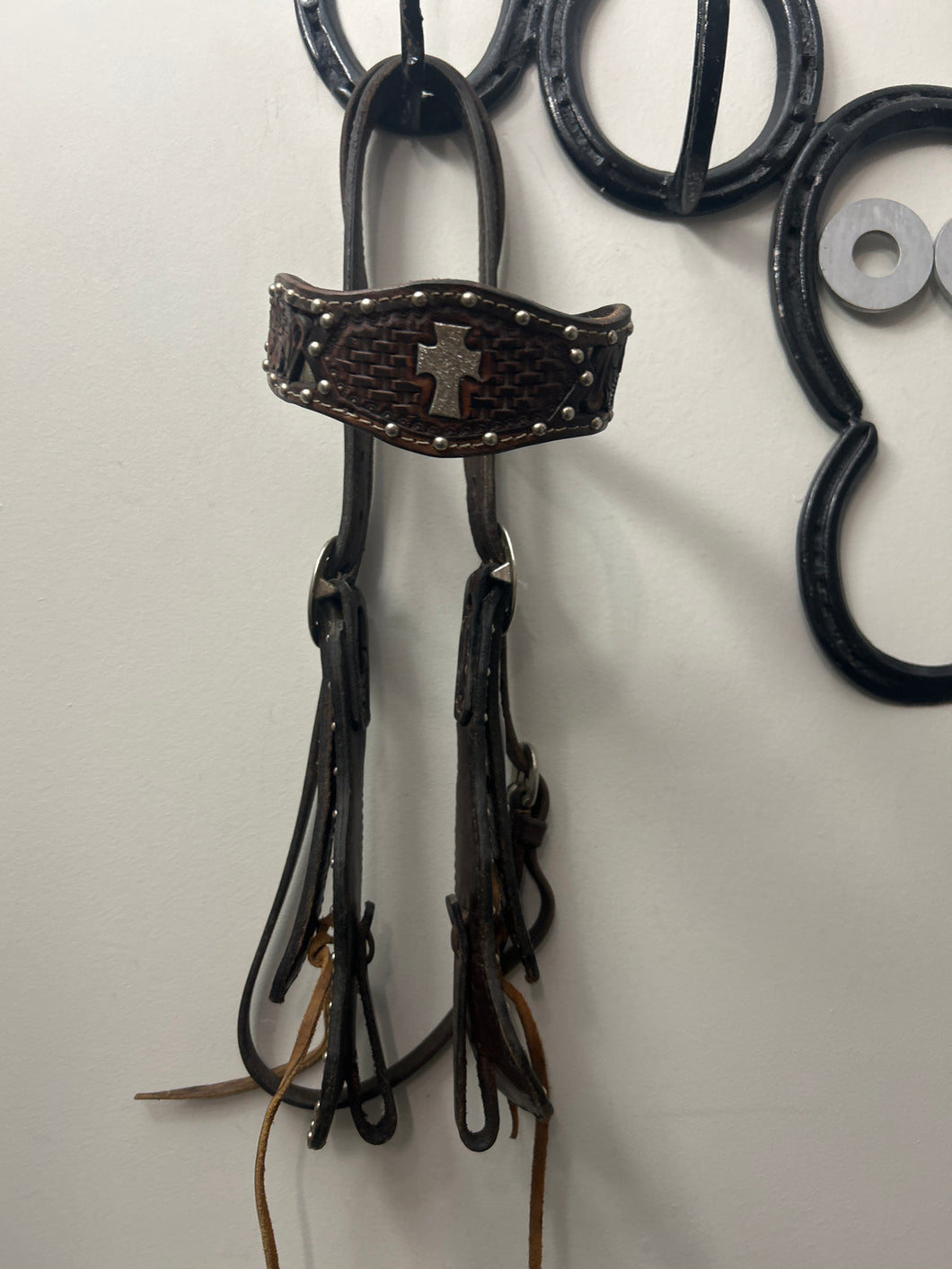 Western Headstall and Tie Down with Silver Floral Overlay