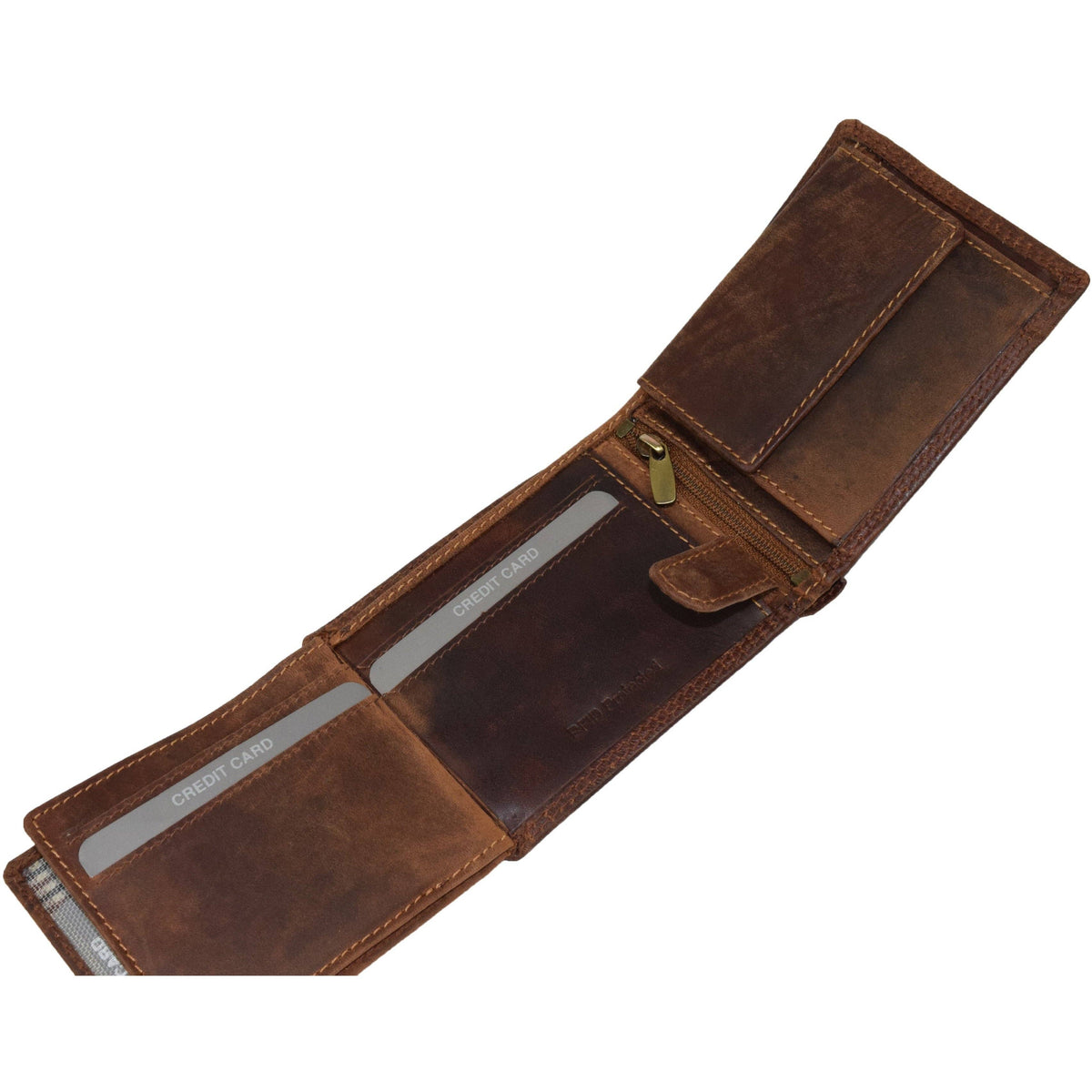 Greenwood Leather Judd wallet in Sandal oil pull-up leather. RFID-blocking, 10 card slots, zippered middle pocket, and push-button coin pocket.