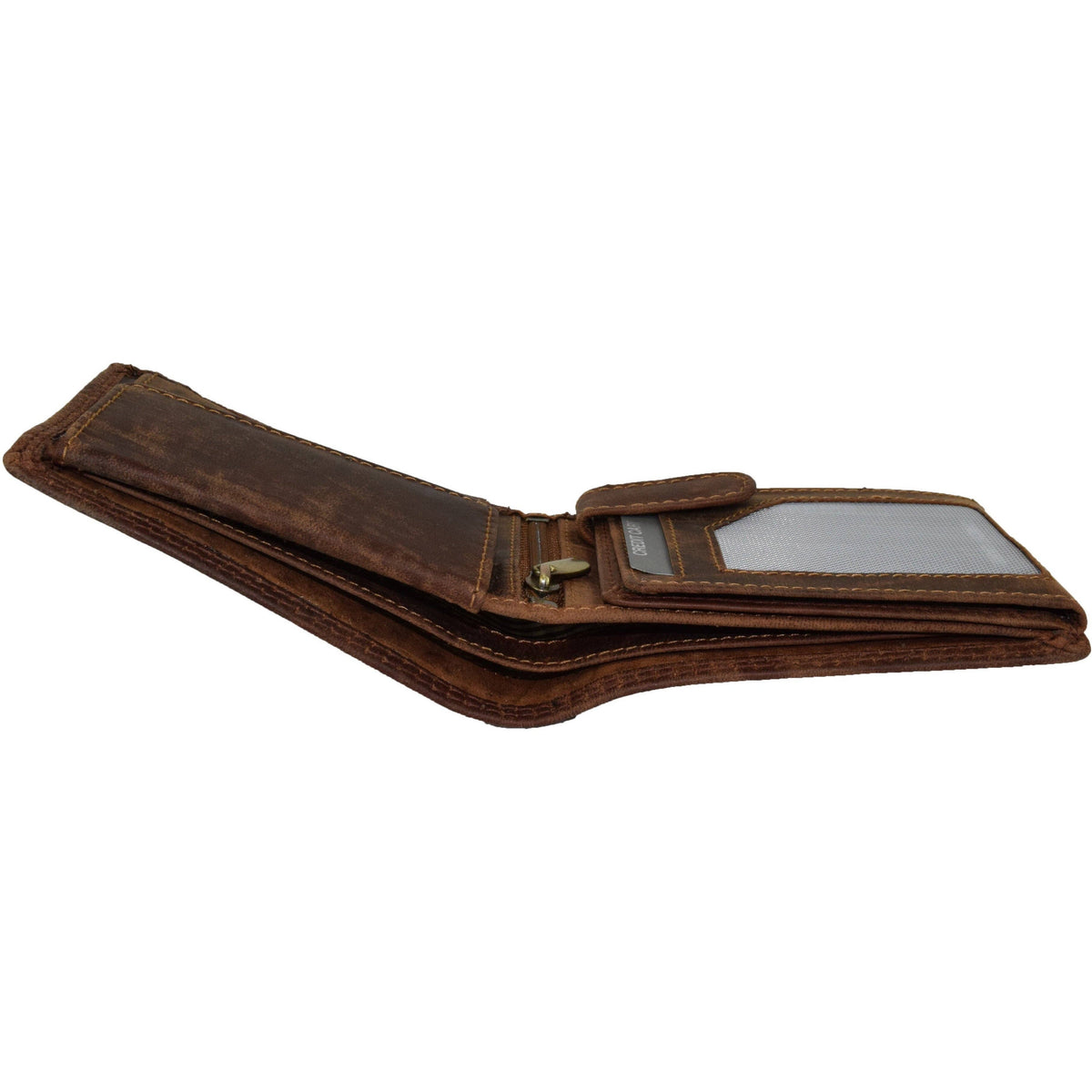 Greenwood Leather Judd wallet in Sandal oil pull-up leather. RFID-blocking, 10 card slots, zippered middle pocket, and push-button coin pocket.