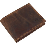 Greenwood Leather Judd wallet in Sandal oil pull-up leather. RFID-blocking, 10 card slots, zippered middle pocket, and push-button coin pocket.