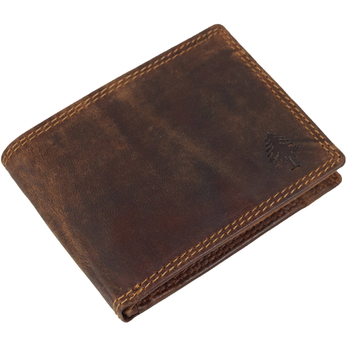 Greenwood Leather Judd wallet in Sandal oil pull-up leather. RFID-blocking, 10 card slots, zippered middle pocket, and push-button coin pocket.