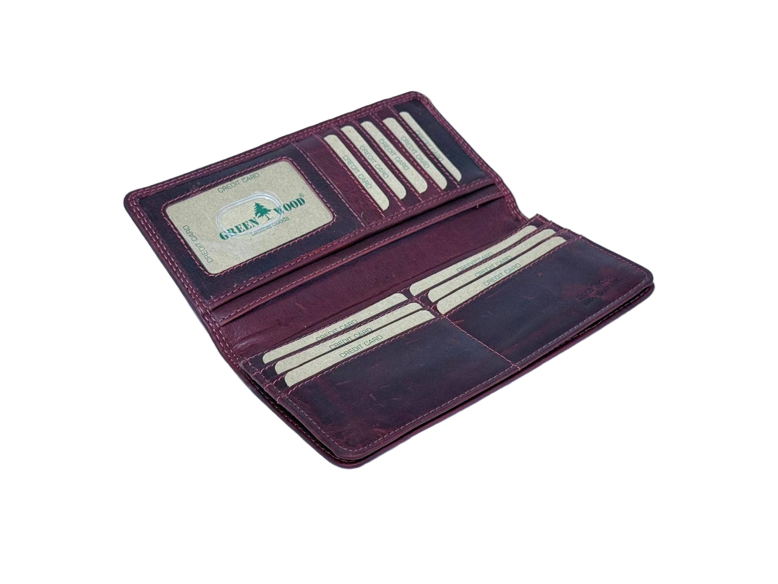 Brown leather wallet with beige interior on a light blue background