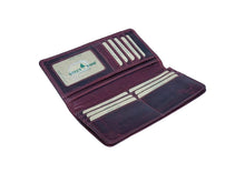 Load image into Gallery viewer, Brown leather wallet with beige interior on a light blue background
