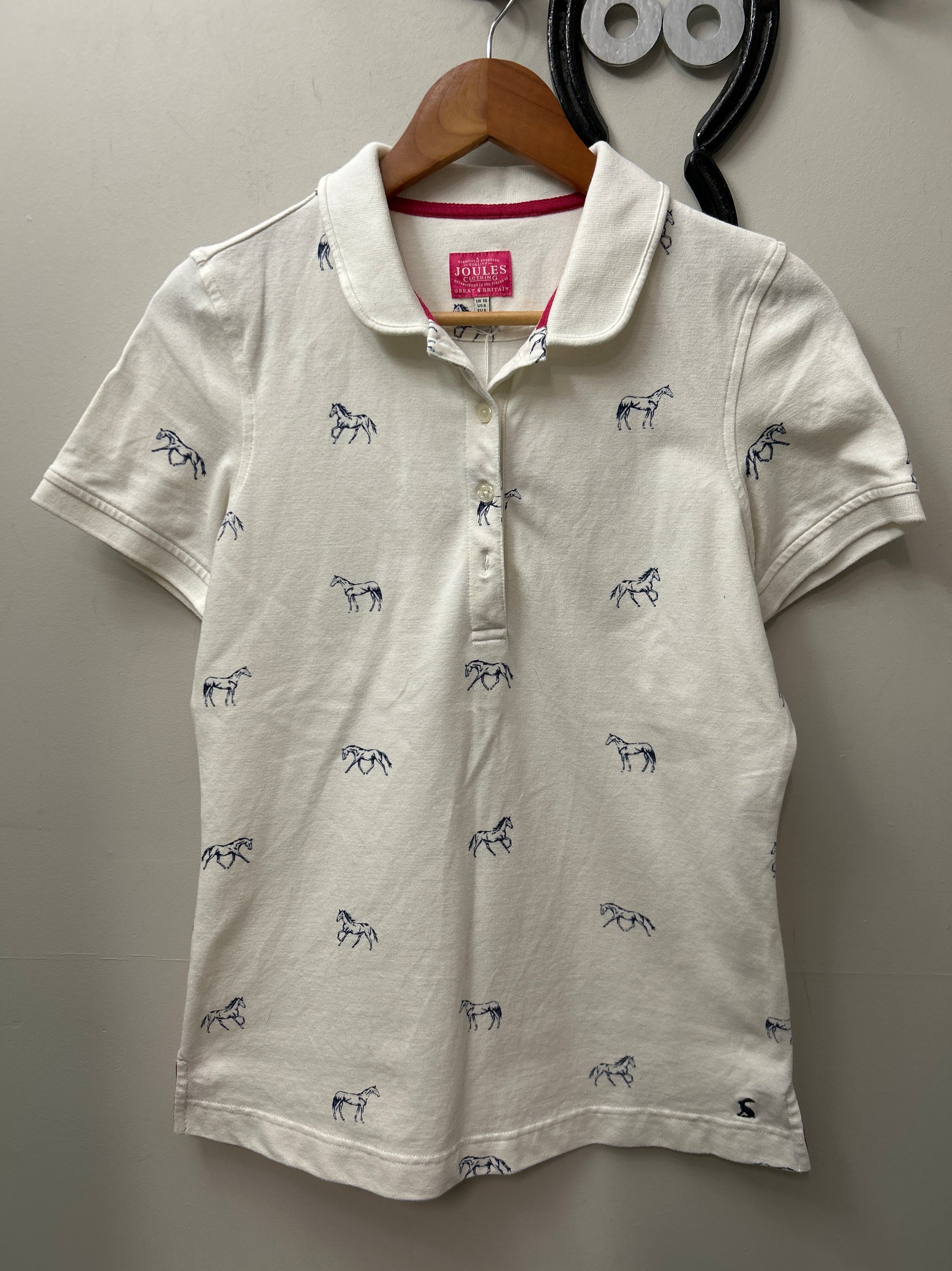 Joules Polo Shirt White with Navy Horses Small-Riding Shirts-Consignment-Evolution Equestrian Co.