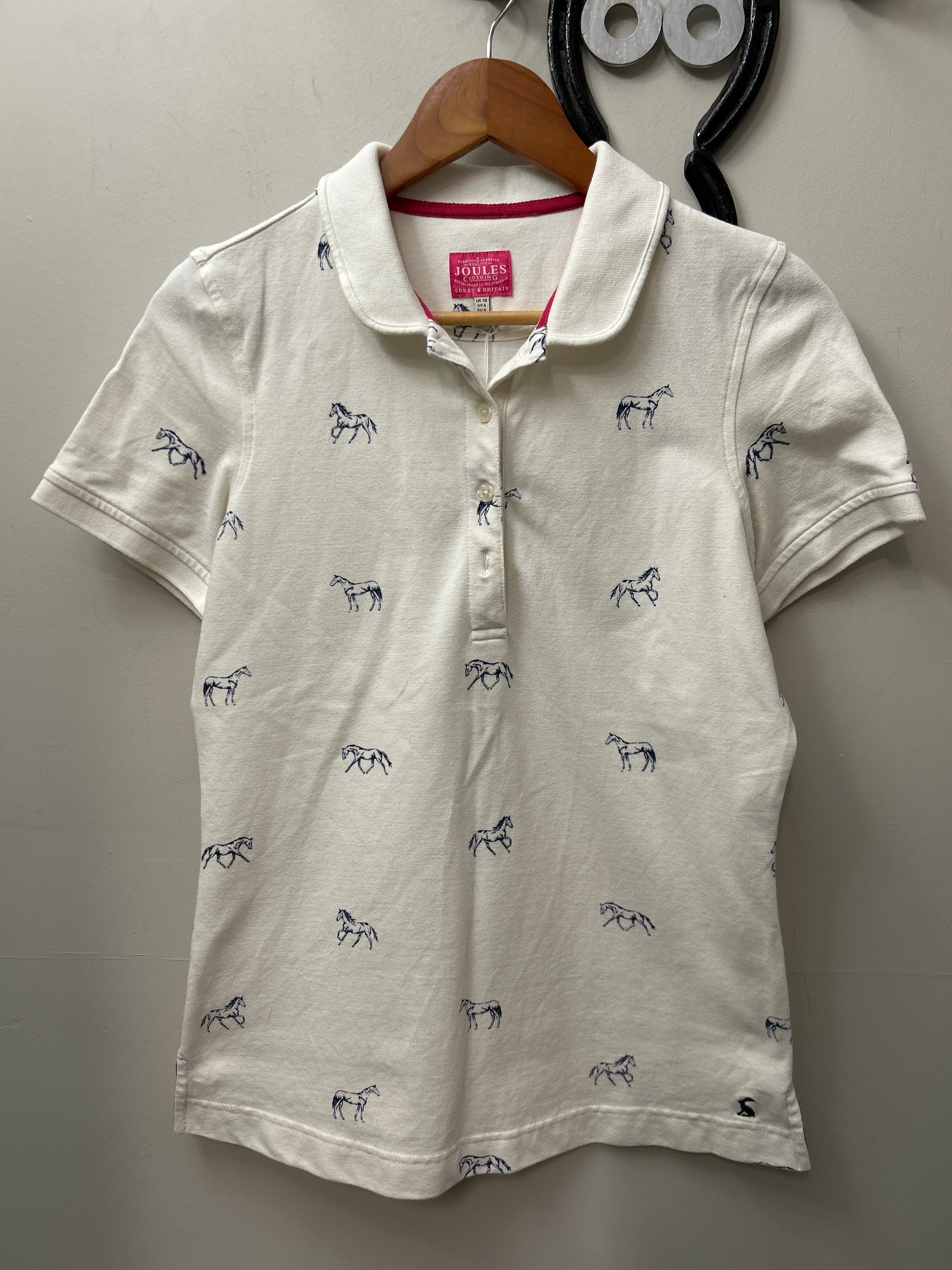 Joules Polo Shirt White with Navy Horses Small-Riding Shirts-Consignment-Evolution Equestrian Co.