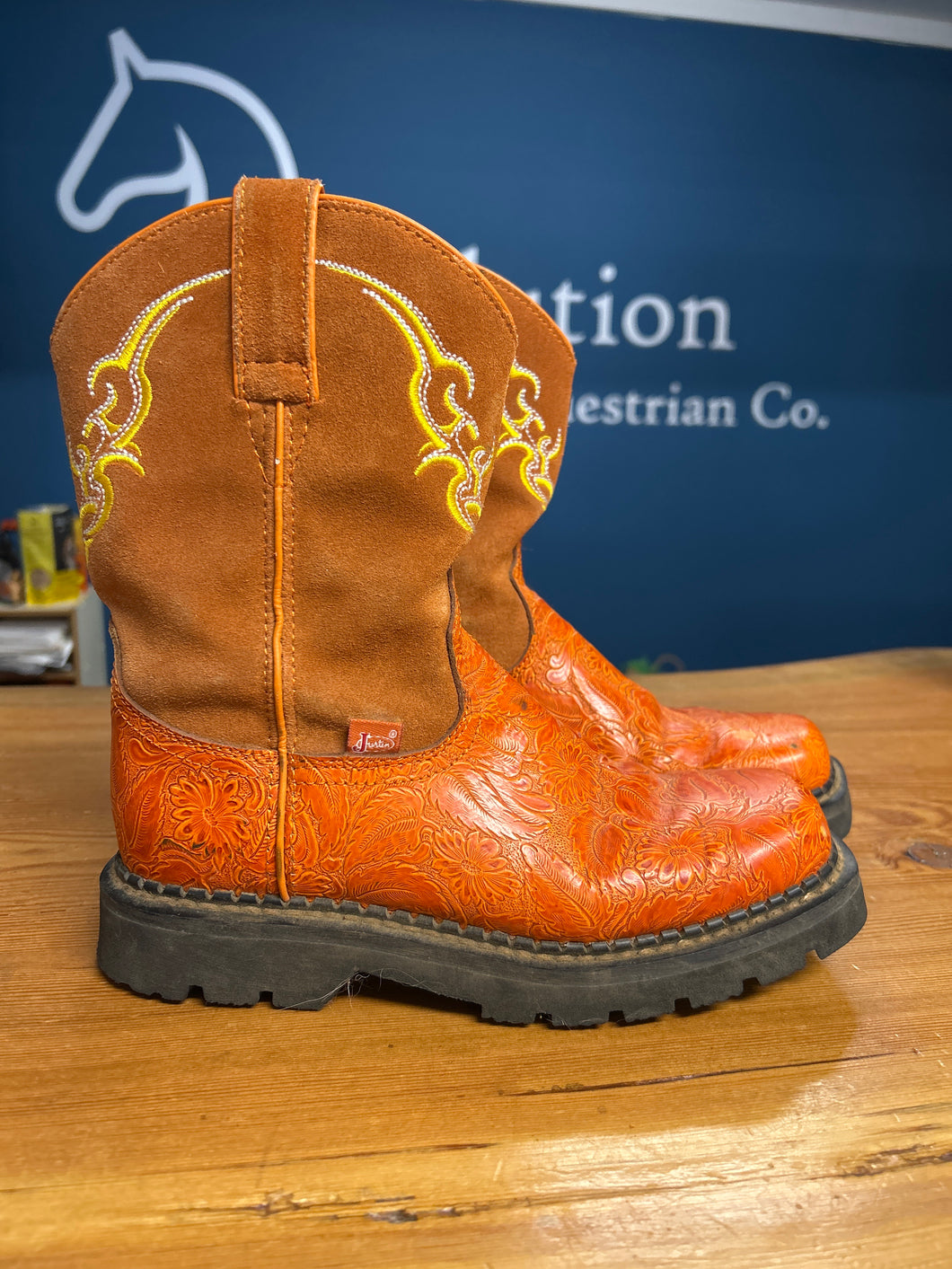 Justin Ladies Orange Cowboy Boots 8B-Cowboy Boots-Consignment-Evolution Equestrian Co.