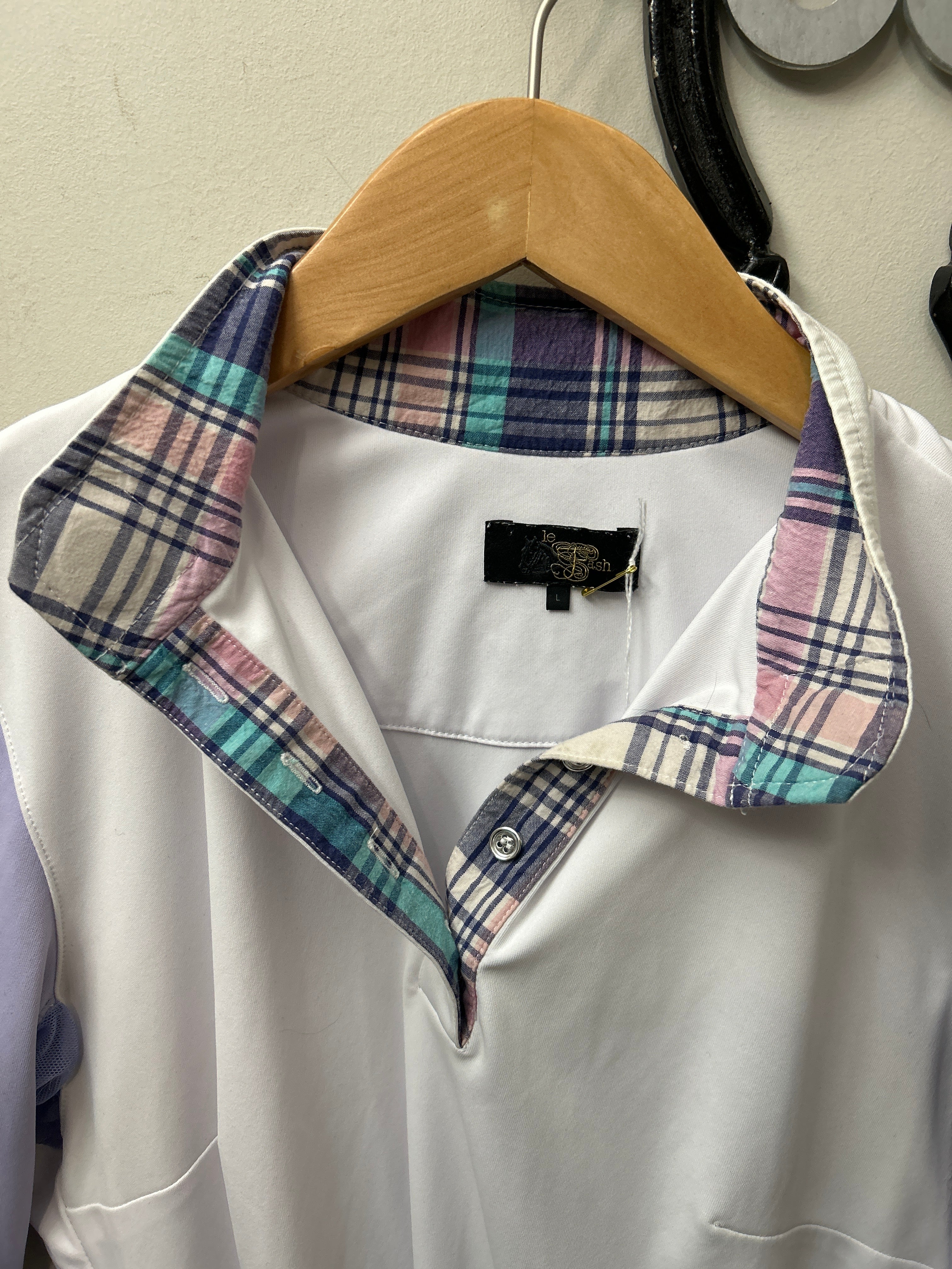 Le Fash Show Shirt White/Lavender Large-Show Shirts-Consignment-Evolution Equestrian Co.