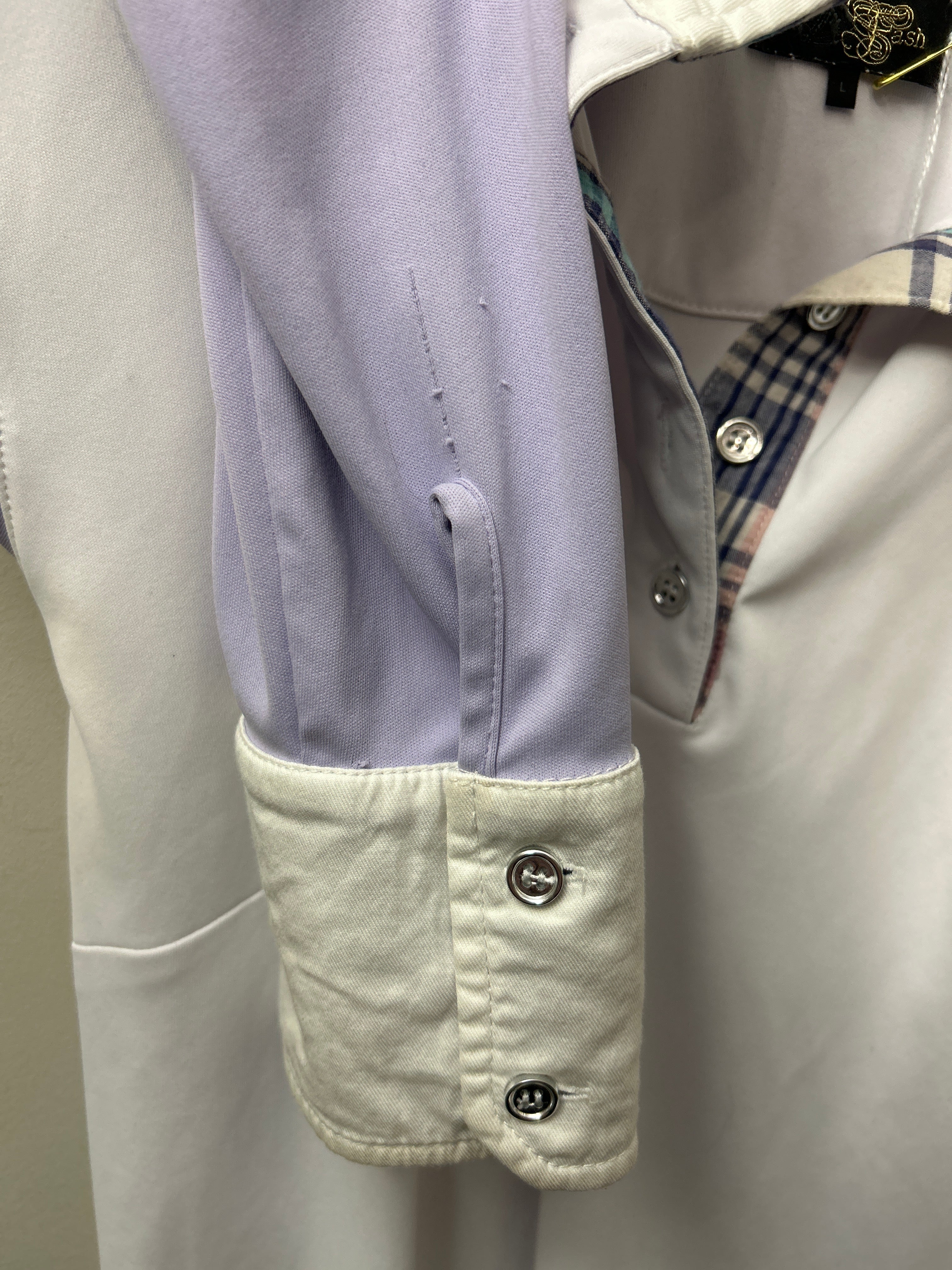 Le Fash Show Shirt White/Lavender Large-Show Shirts-Consignment-Evolution Equestrian Co.
