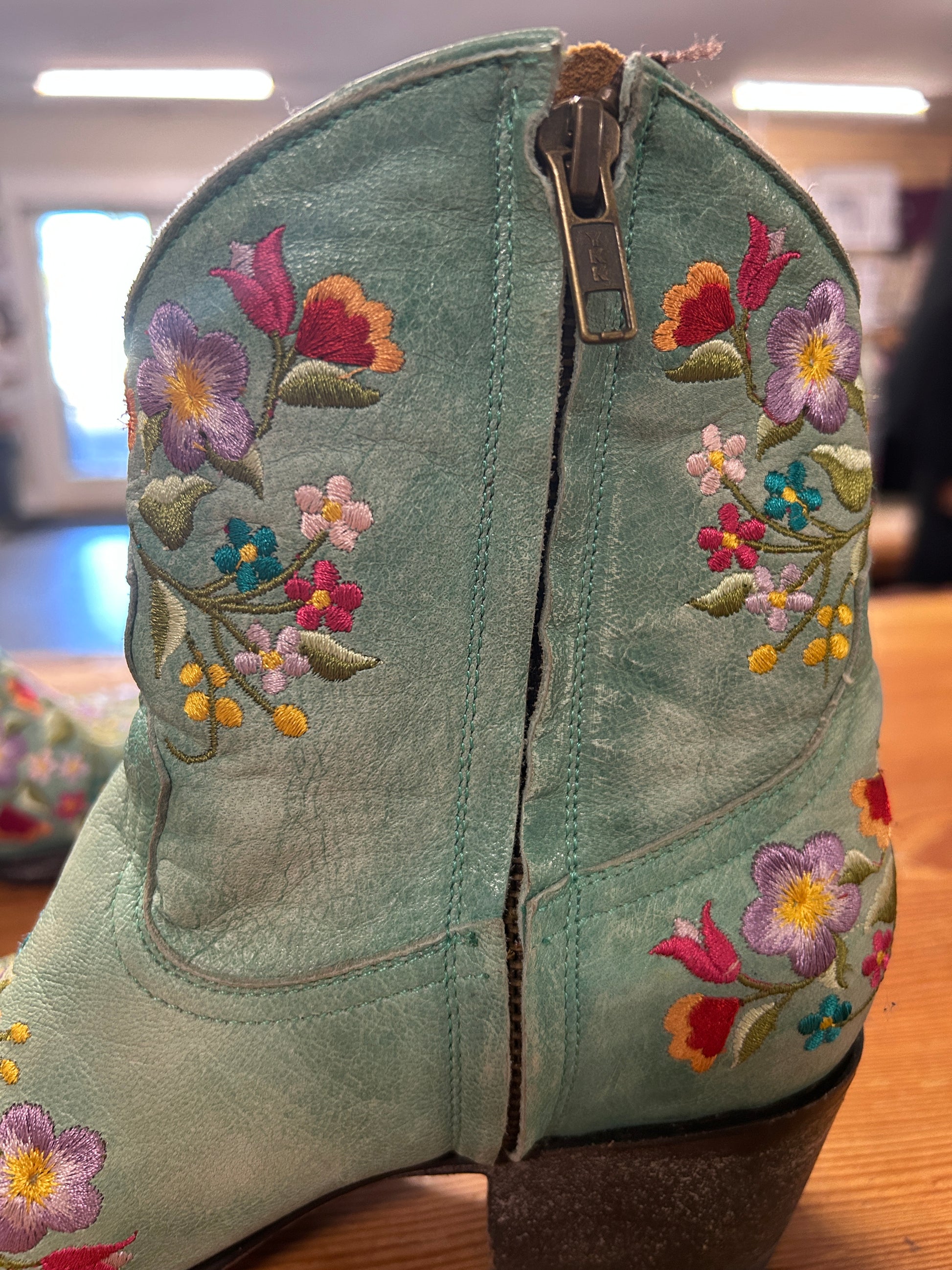 Mexicana Aqua Floral Stitched Booties 7.5-Cowboy Boots-Consignment-Evolution Equestrian Co.