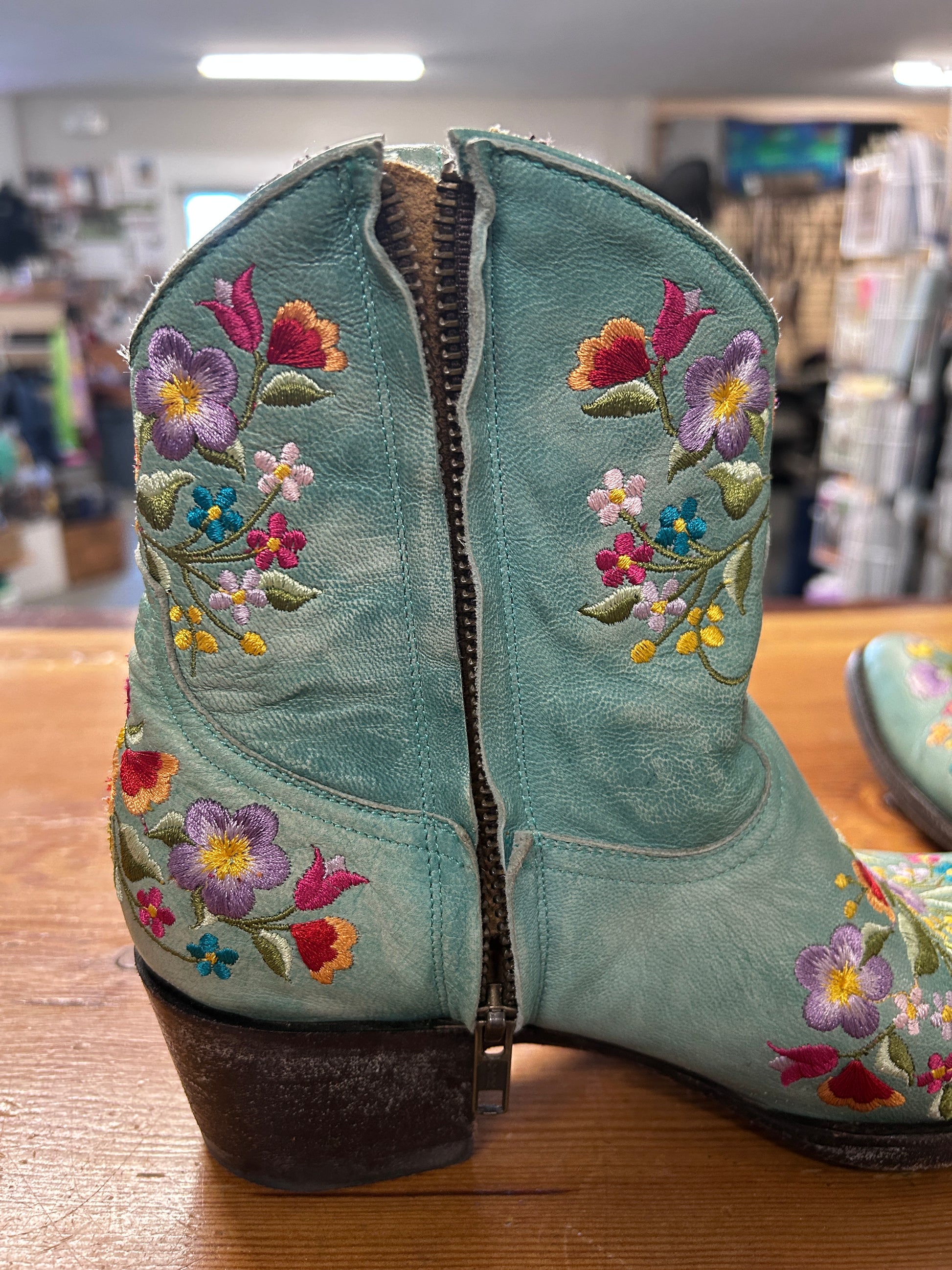 Mexicana Aqua Floral Stitched Booties 7.5-Cowboy Boots-Consignment-Evolution Equestrian Co.