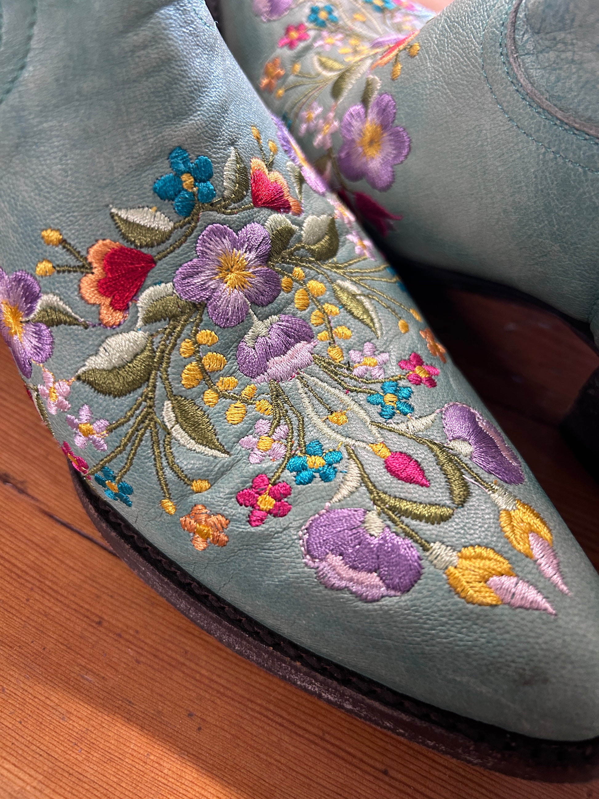 Mexicana Aqua Floral Stitched Booties 7.5-Cowboy Boots-Consignment-Evolution Equestrian Co.