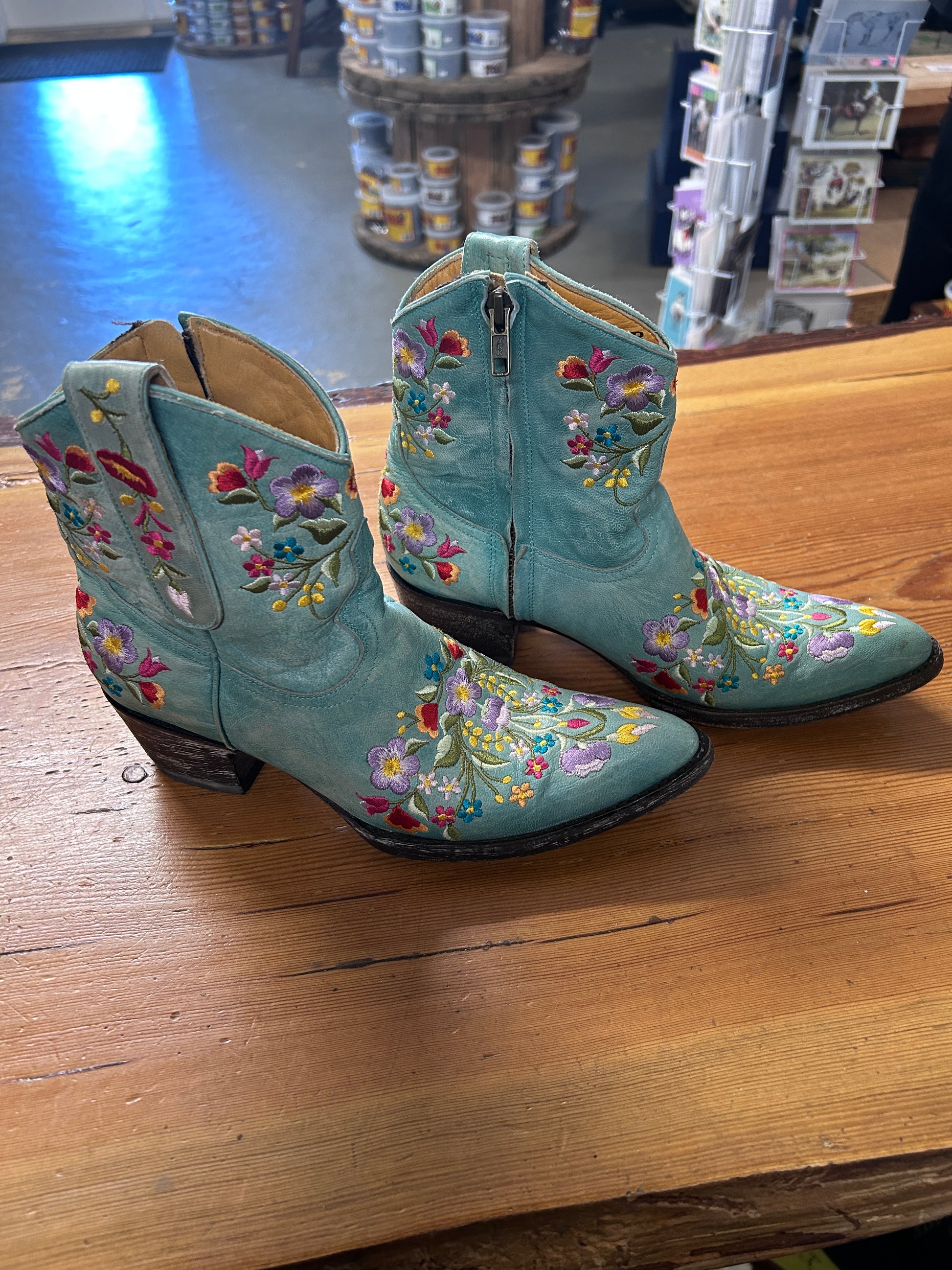 Mexicana Aqua Floral Stitched Booties 7.5-Cowboy Boots-Consignment-Evolution Equestrian Co.