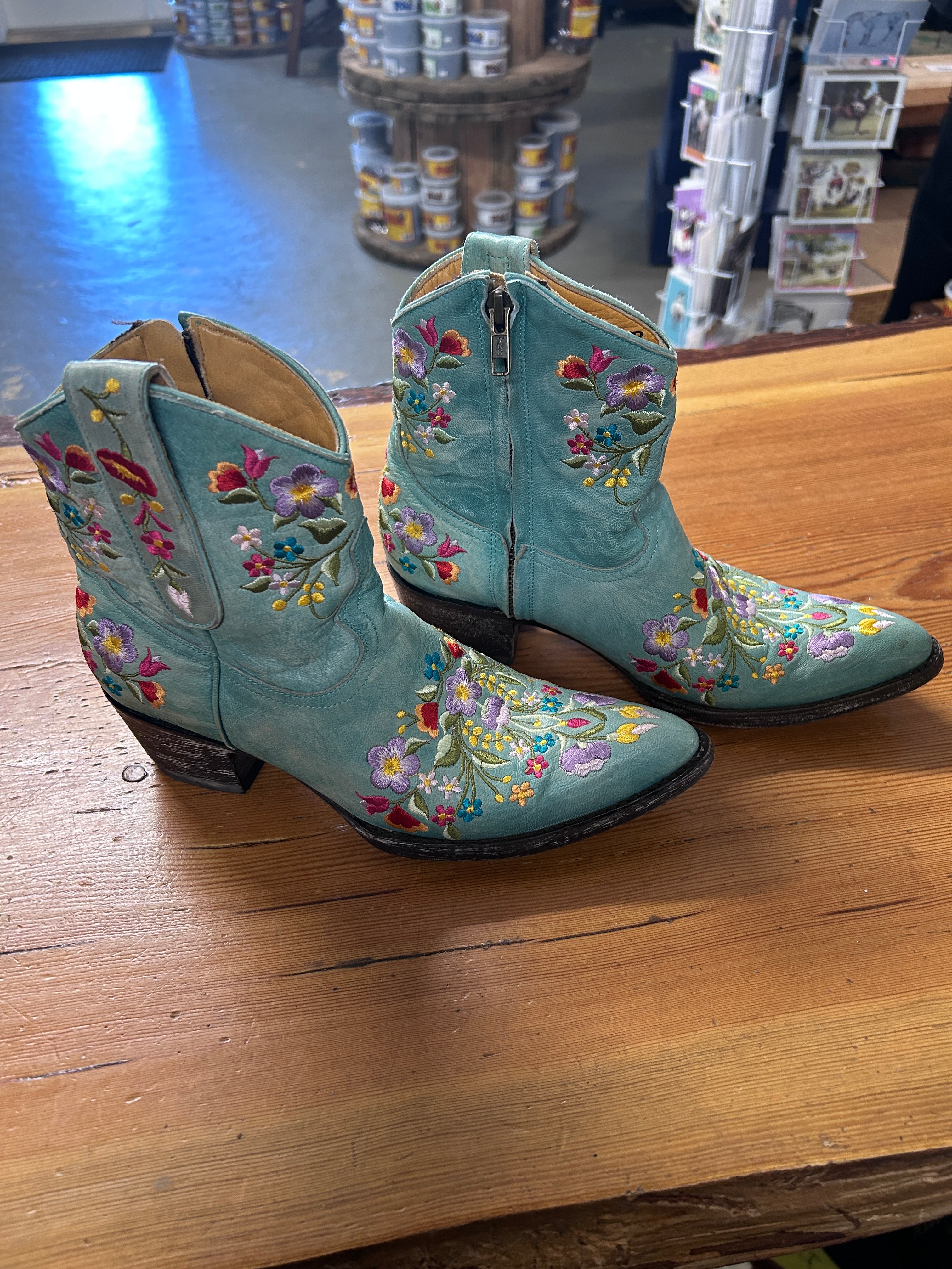 Mexicana Aqua Floral Stitched Booties 7.5-Cowboy Boots-Consignment-Evolution Equestrian Co.