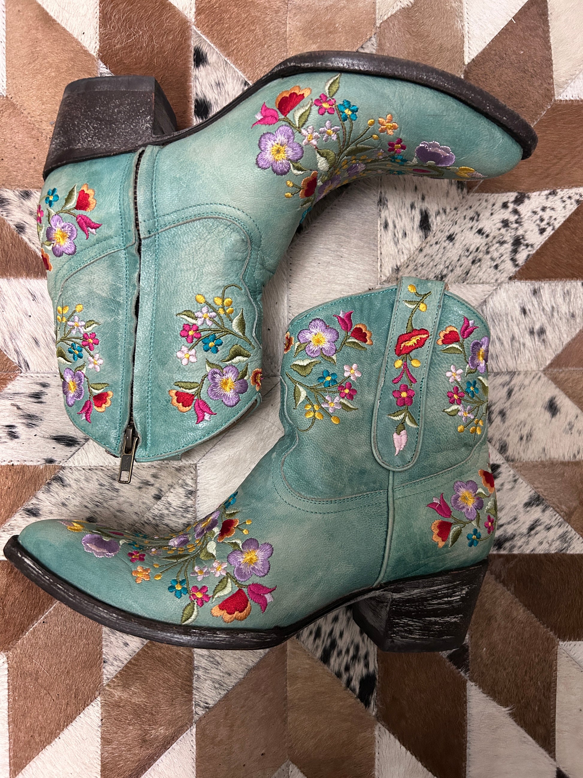 Mexicana Aqua Floral Stitched Booties 7.5-Cowboy Boots-Consignment-Evolution Equestrian Co.