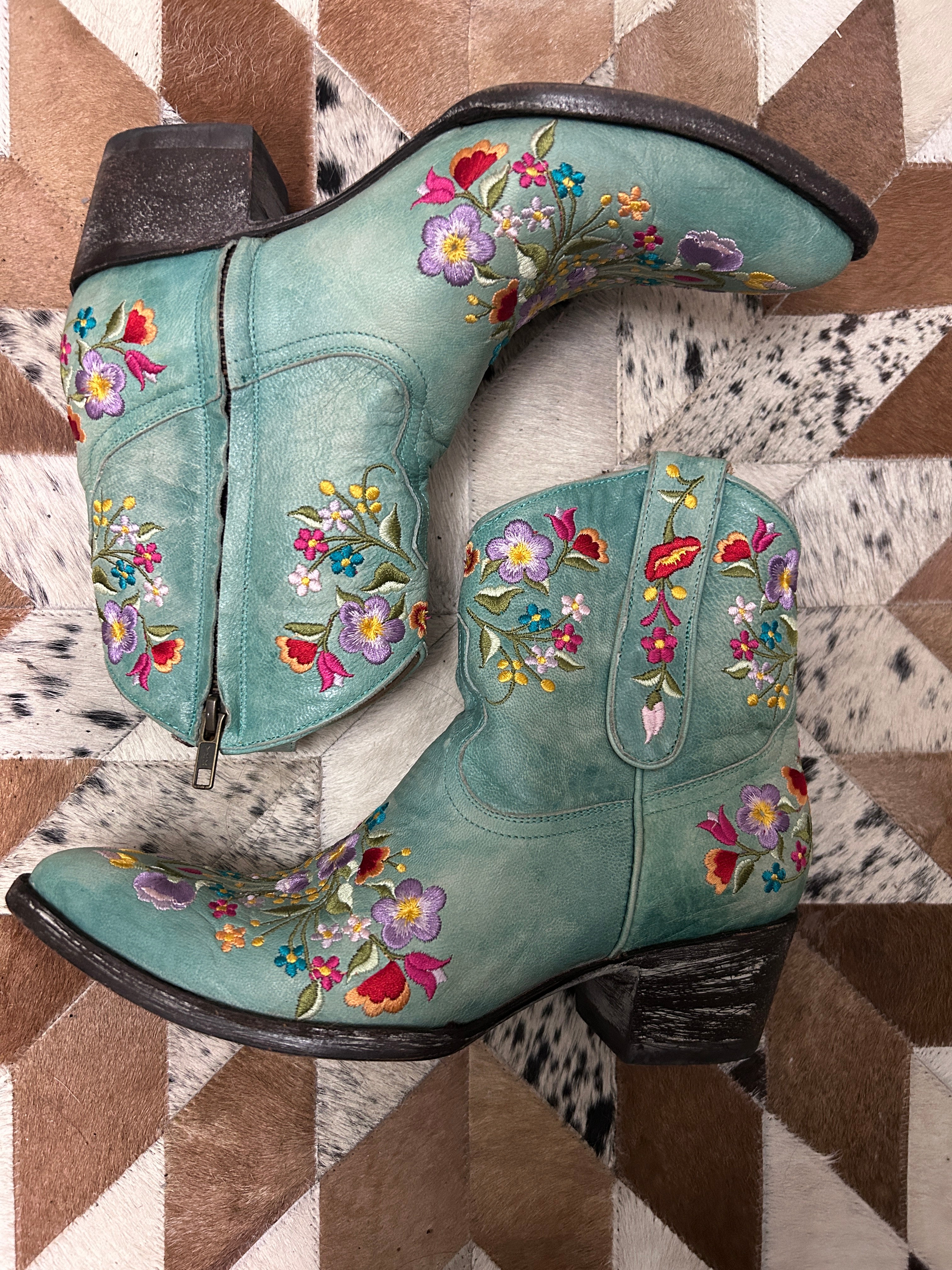 Mexicana Aqua Floral Stitched Booties 7.5-Cowboy Boots-Consignment-Evolution Equestrian Co.