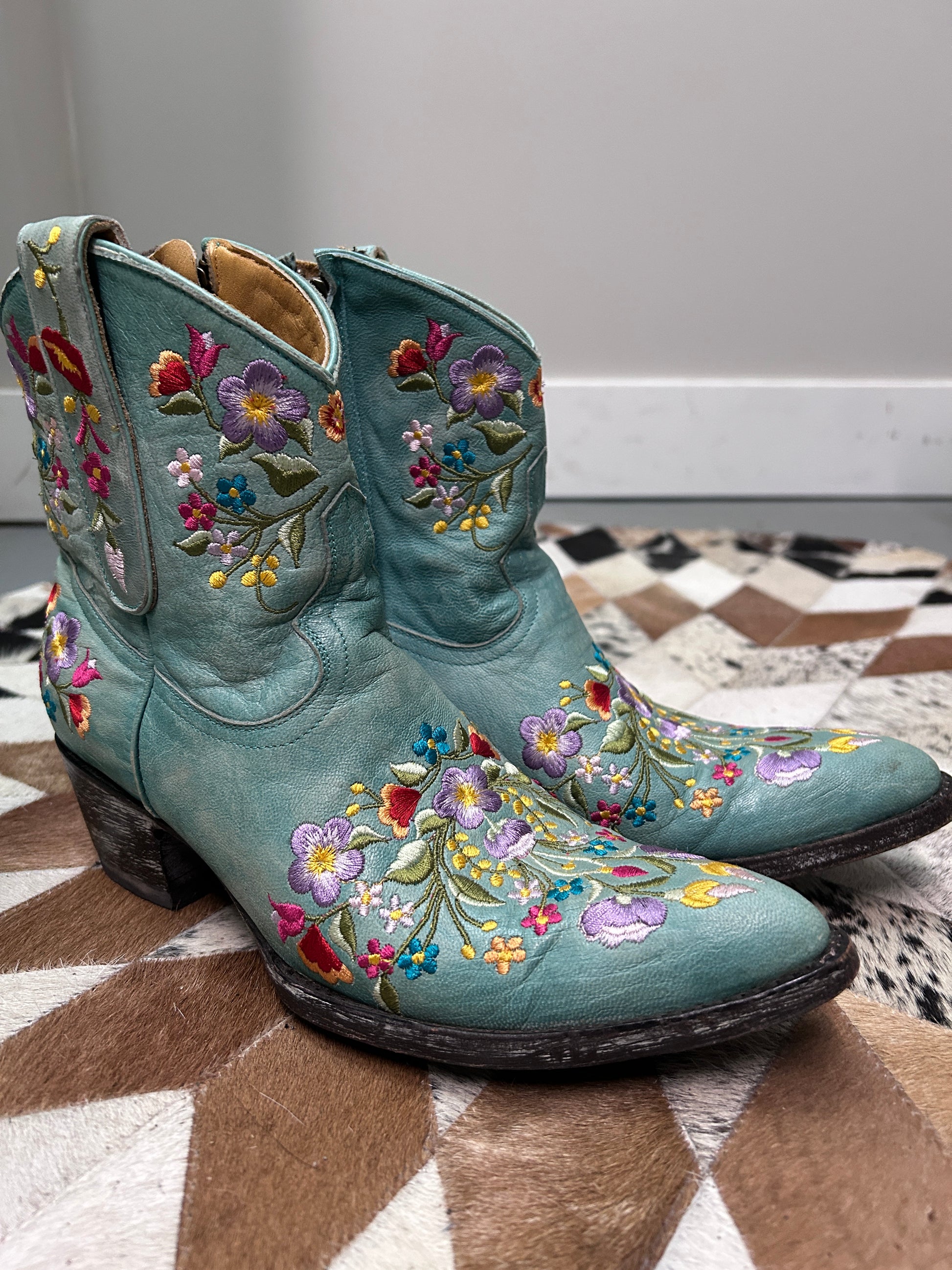 Mexicana Aqua Floral Stitched Booties 7.5-Cowboy Boots-Consignment-Evolution Equestrian Co.
