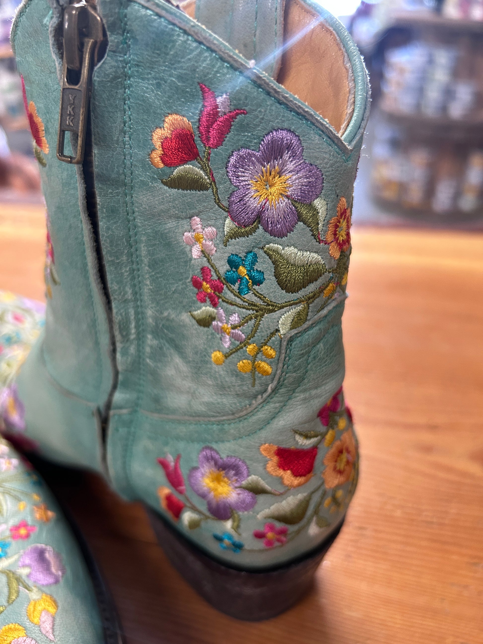 Mexicana Aqua Floral Stitched Booties 7.5-Cowboy Boots-Consignment-Evolution Equestrian Co.