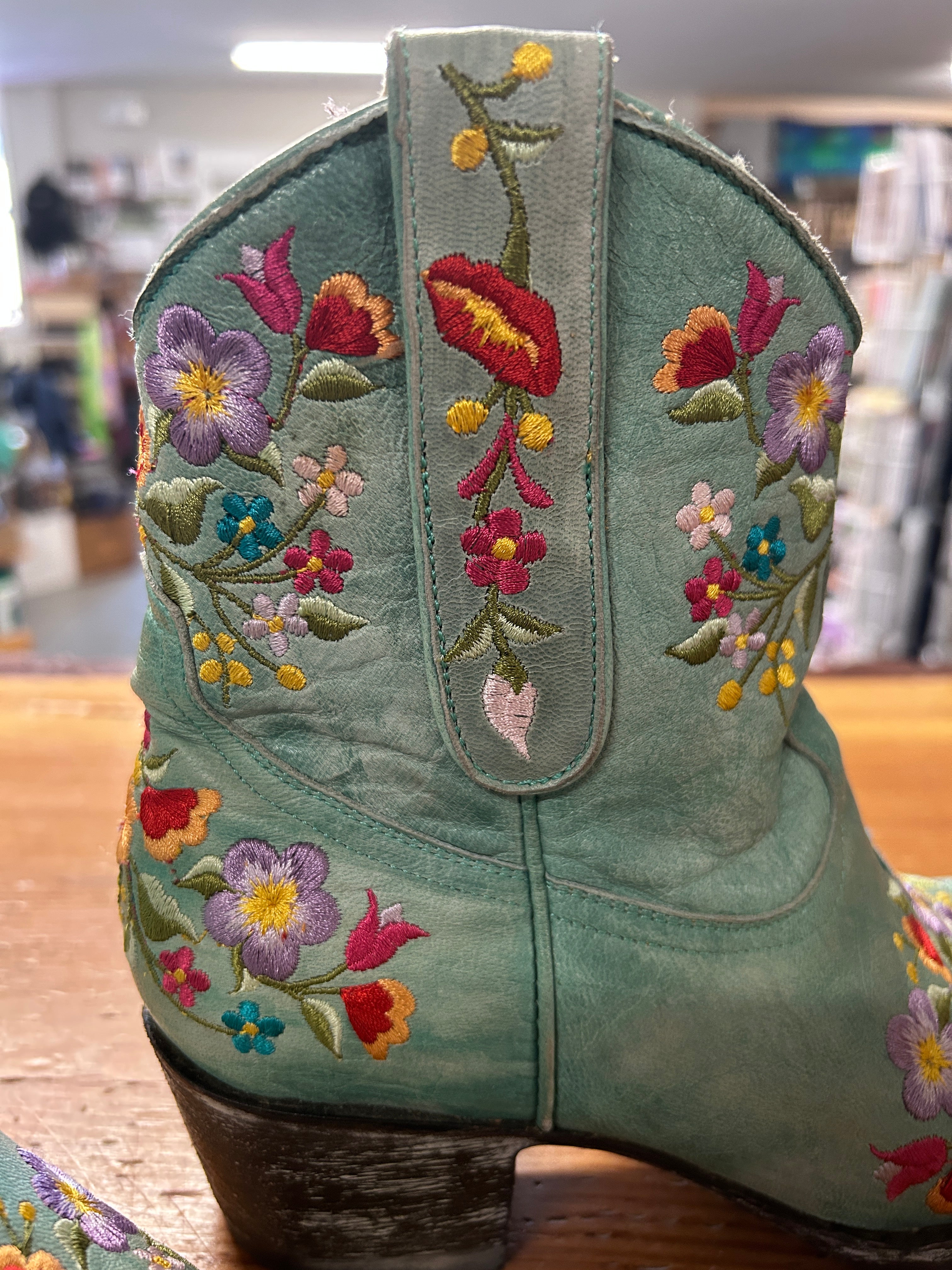 Mexicana Aqua Floral Stitched Booties 7.5-Cowboy Boots-Consignment-Evolution Equestrian Co.