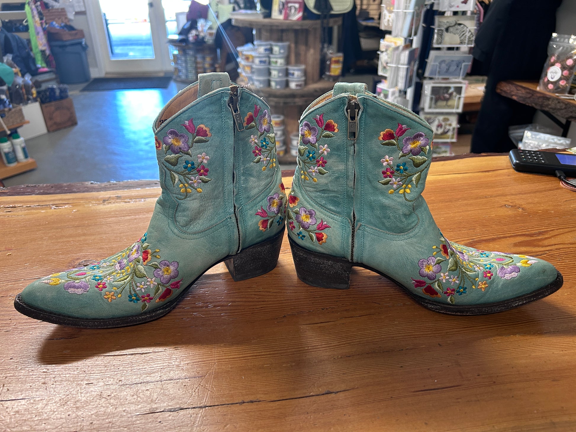 Mexicana Aqua Floral Stitched Booties 7.5-Cowboy Boots-Consignment-Evolution Equestrian Co.