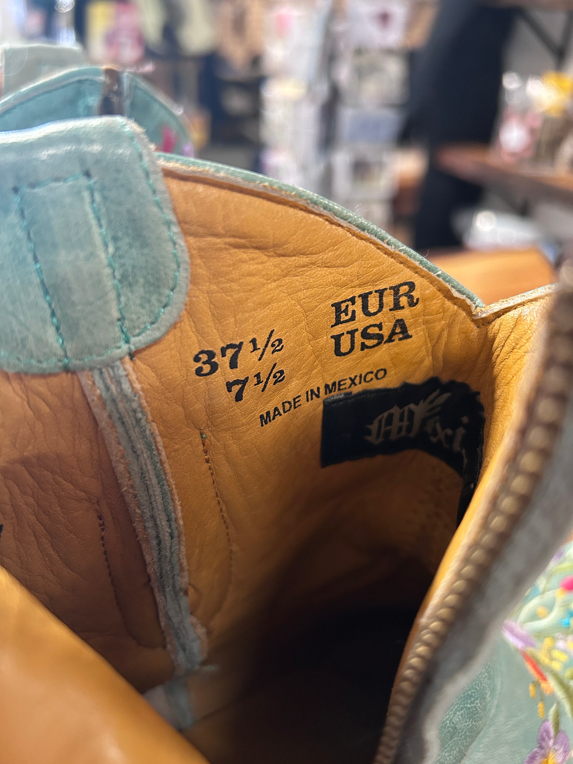 Mexicana Aqua Floral Stitched Booties 7.5-Cowboy Boots-Consignment-Evolution Equestrian Co.