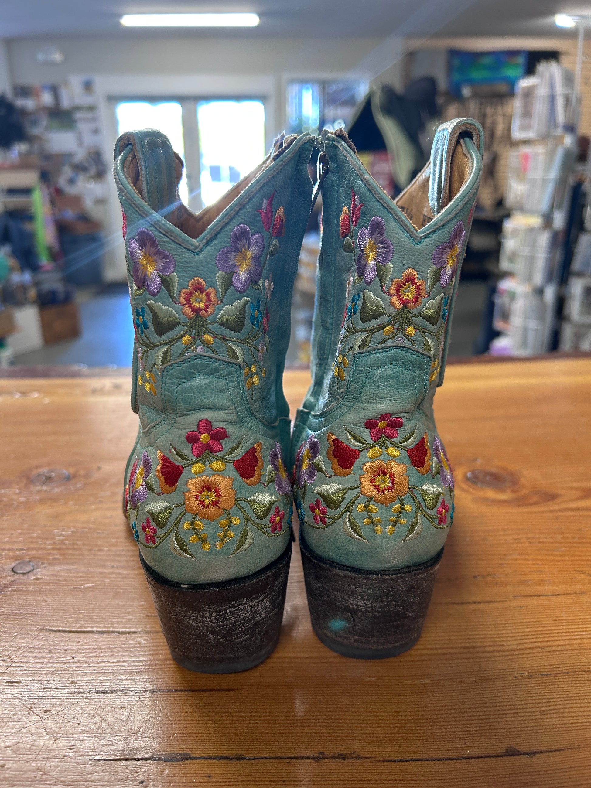 Mexicana Aqua Floral Stitched Booties 7.5-Cowboy Boots-Consignment-Evolution Equestrian Co.