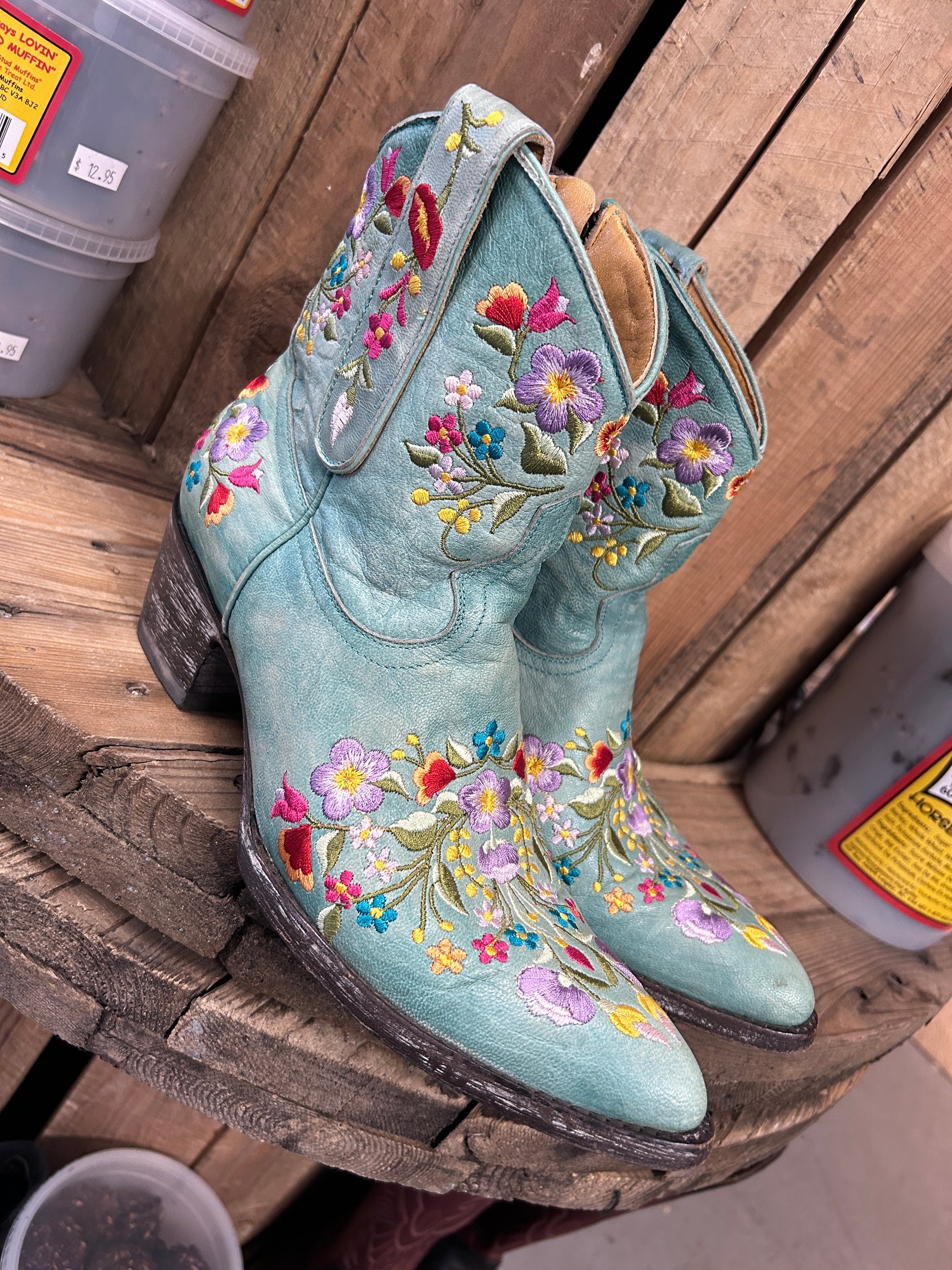 Mexicana Aqua Floral Stitched Booties 7.5-Cowboy Boots-Consignment-Evolution Equestrian Co.
