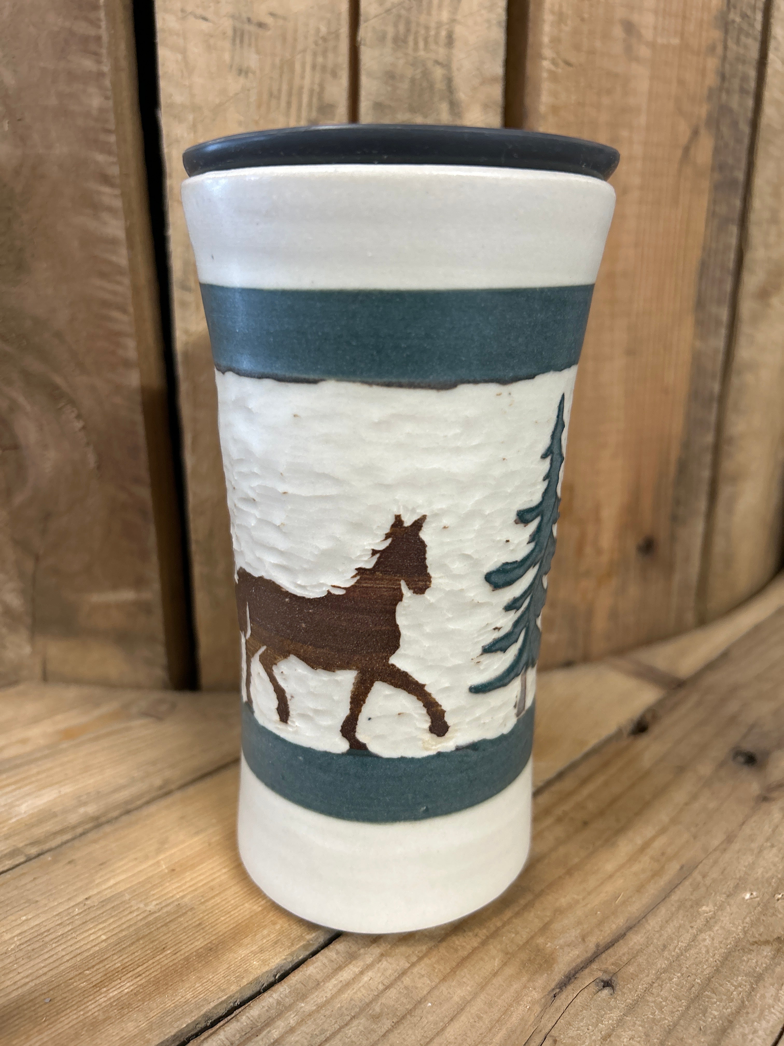 Muddy Duck Pottery Horse Mugs with Lids-Mugs-Muddy Duck Pottery-White and Green-Evolution Equestrian Co.