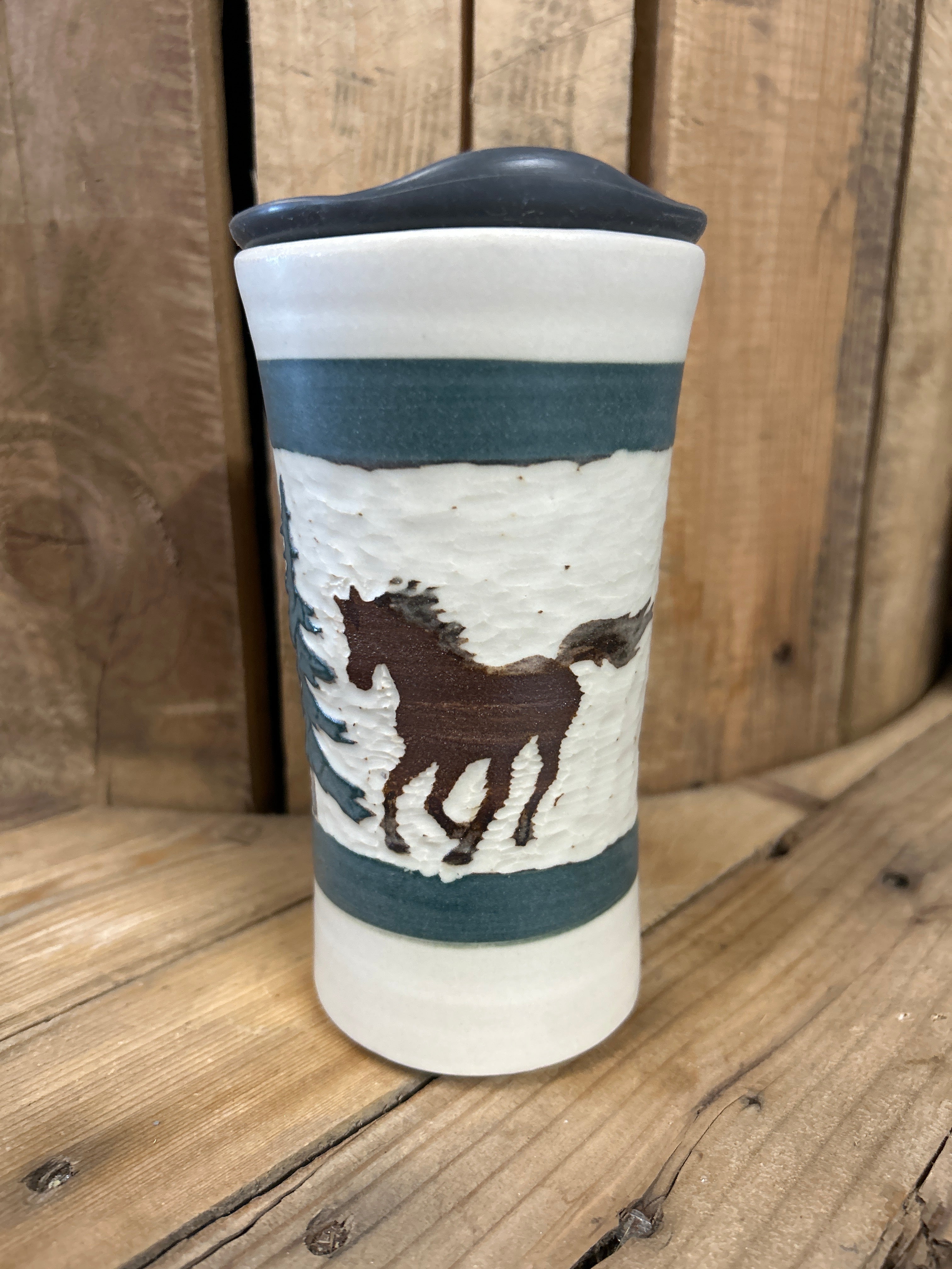 Muddy Duck Pottery Horse Mugs with Lids-Mugs-Muddy Duck Pottery-White and Green-Evolution Equestrian Co.