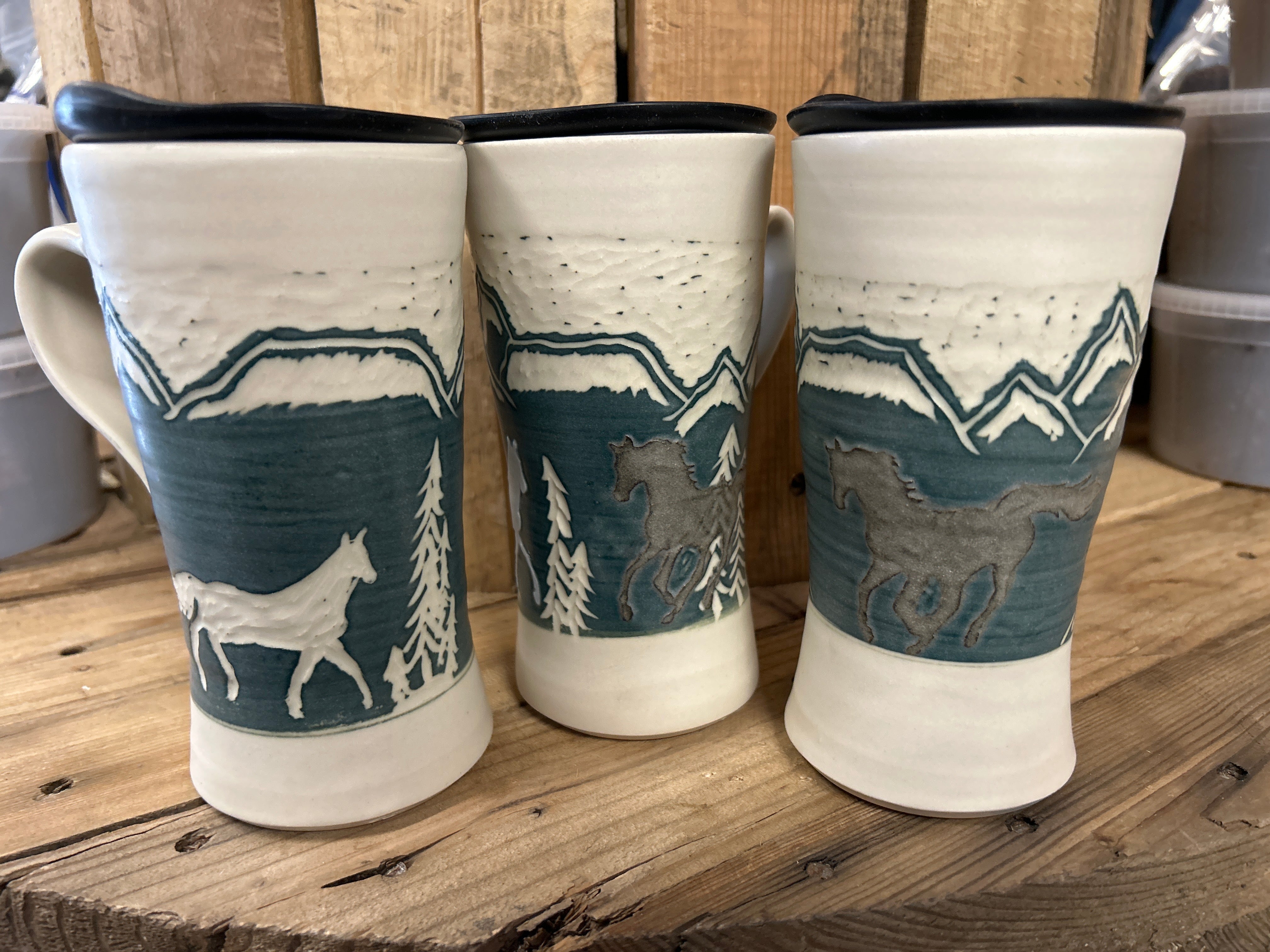 Muddy Duck Pottery Horse Mugs with Lids-Mugs-Muddy Duck Pottery-Mountains-Evolution Equestrian Co.