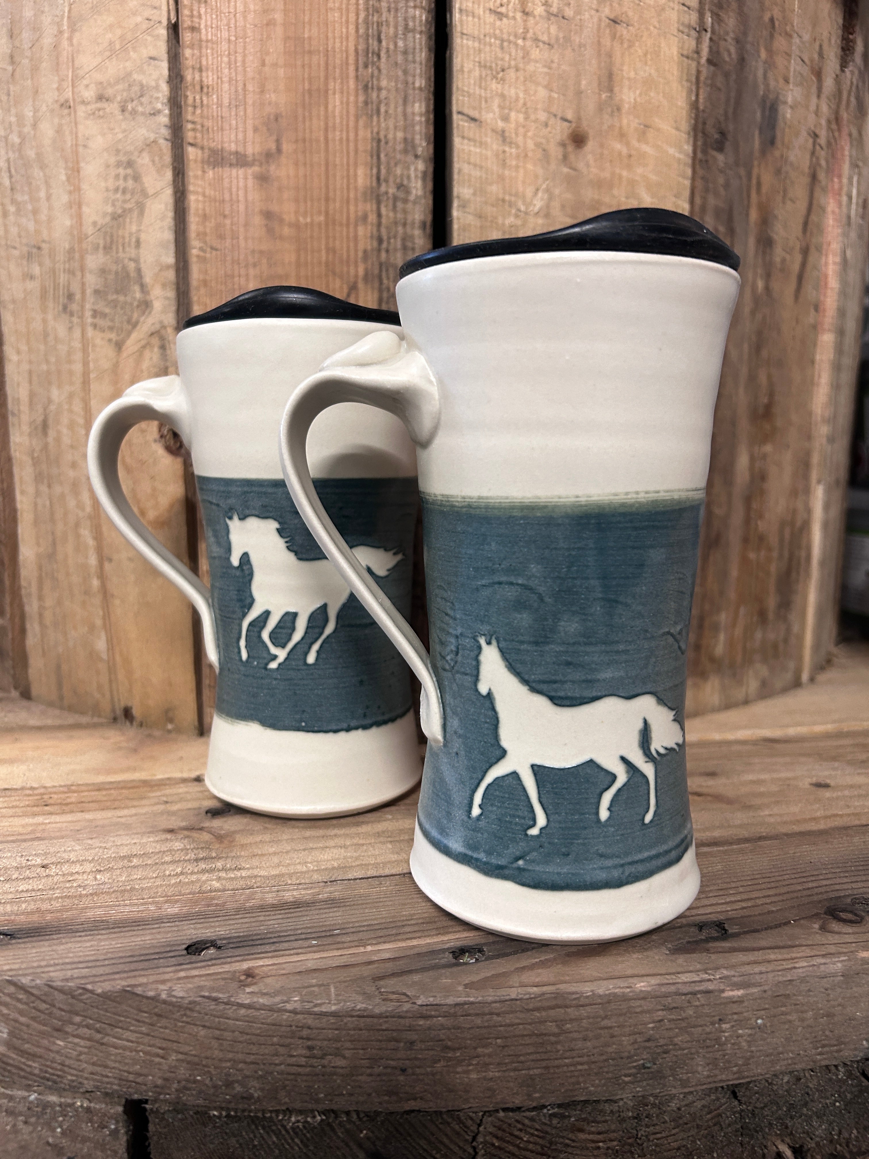 Muddy Duck Pottery Horse Mugs with Lids-Mugs-Muddy Duck Pottery-White and Green-Evolution Equestrian Co.