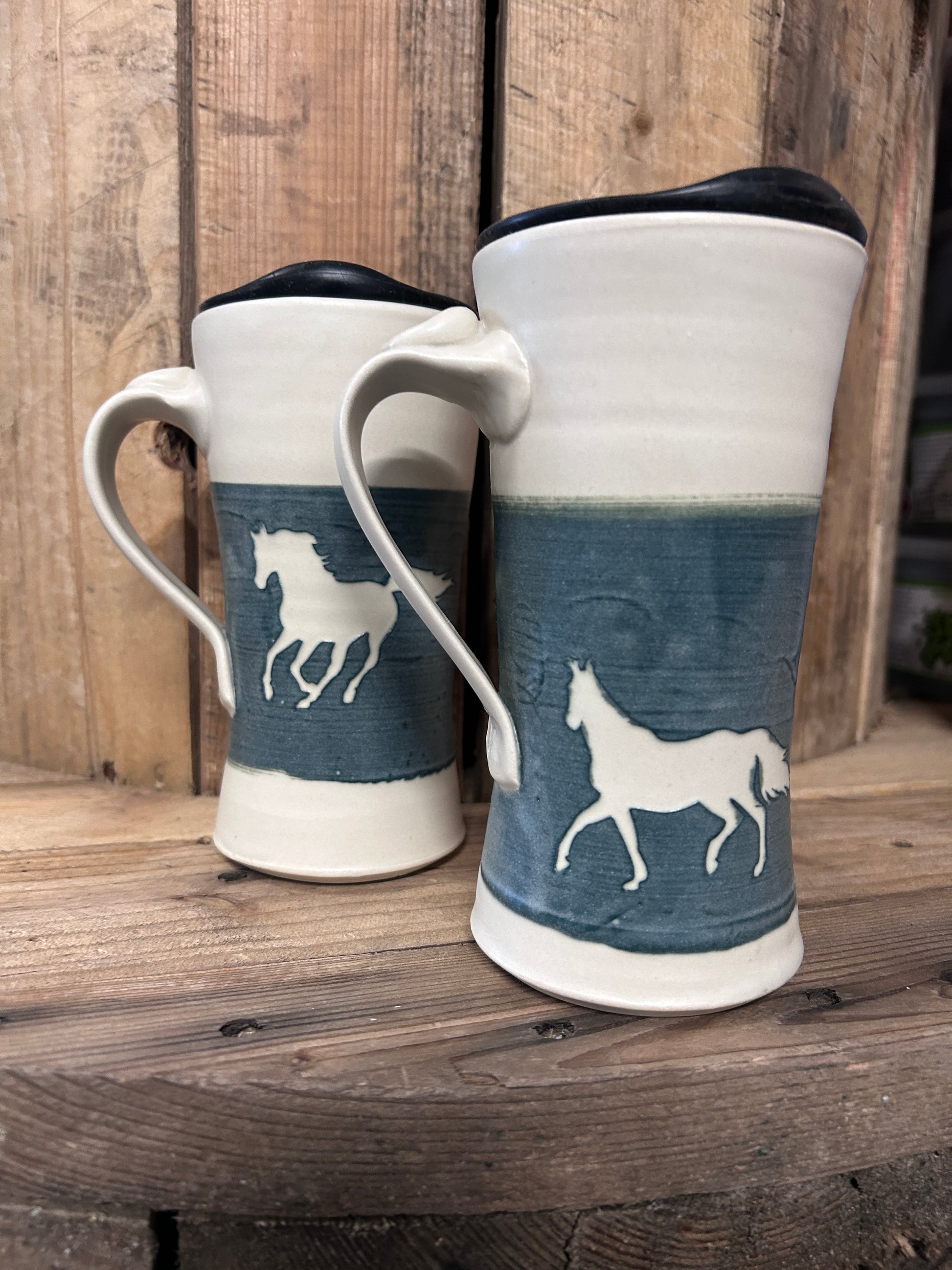 Muddy Duck Pottery Horse Mugs with Lids-Mugs-Muddy Duck Pottery-White and Green-Evolution Equestrian Co.