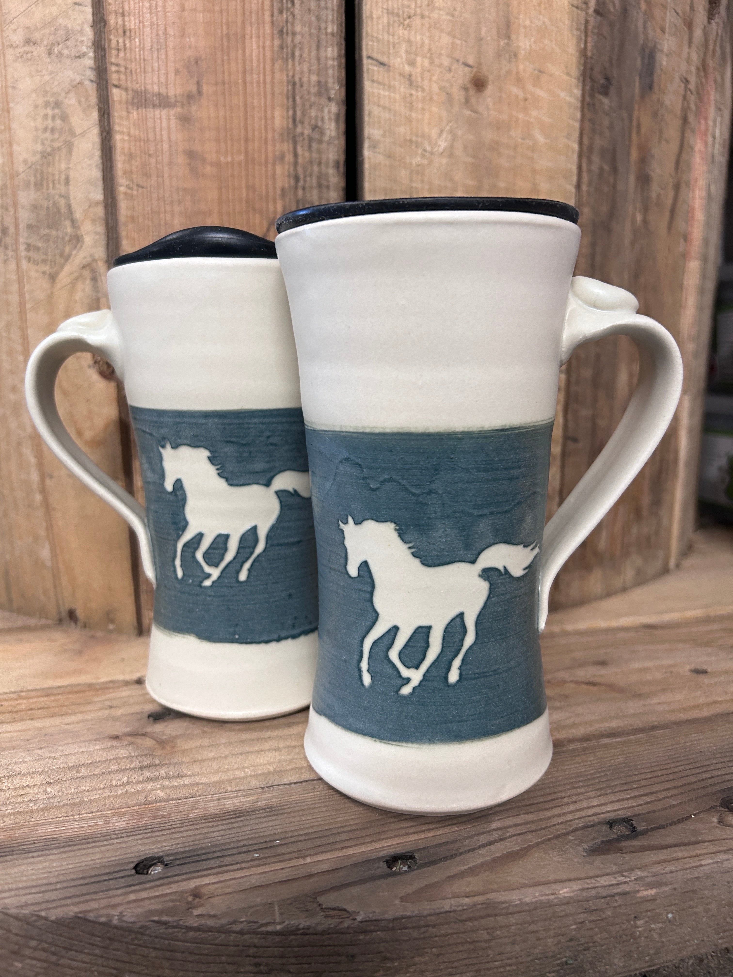 Muddy Duck Pottery Horse Mugs with Lids-Mugs-Muddy Duck Pottery-White and Green-Evolution Equestrian Co.