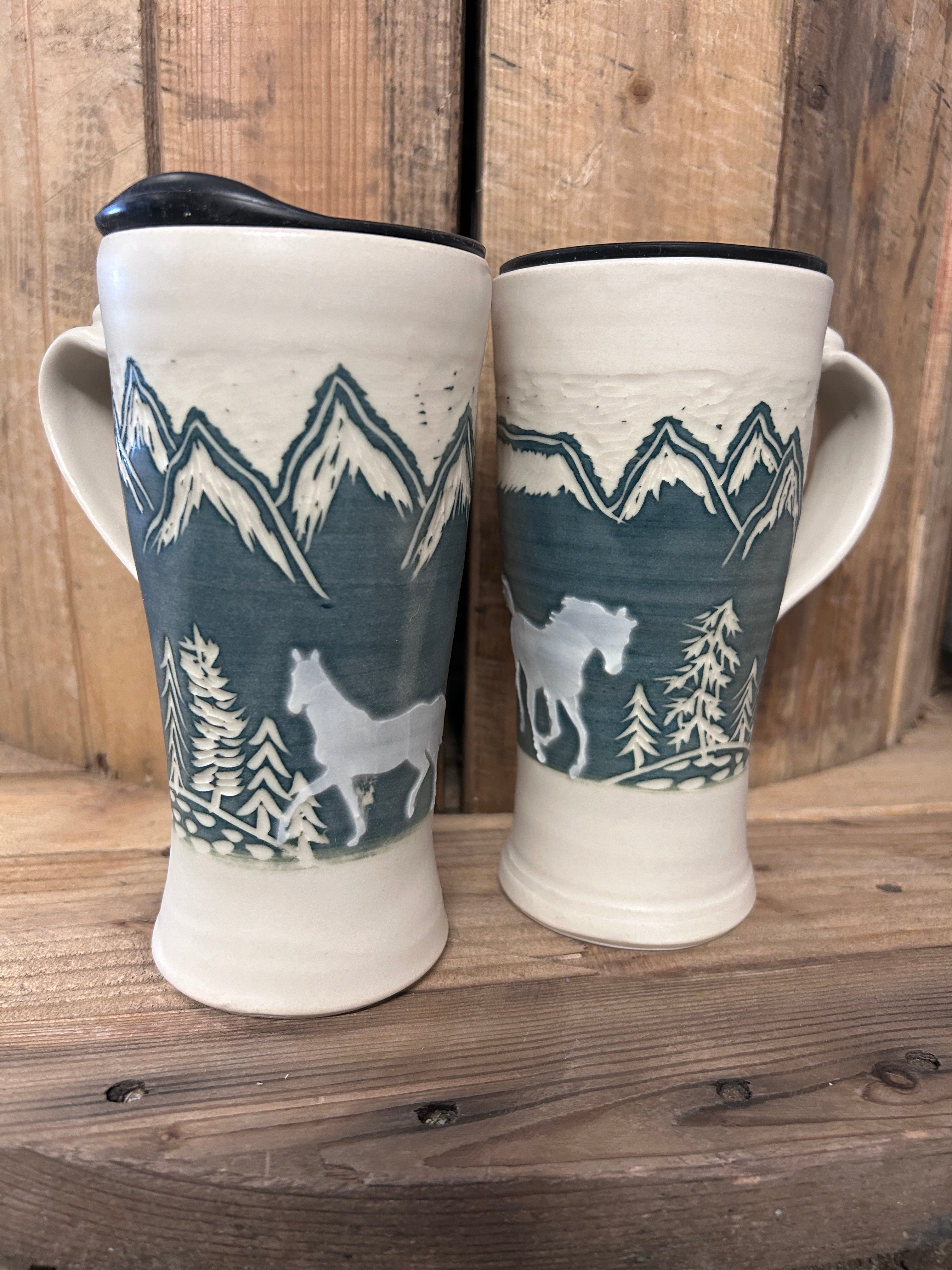 Muddy Duck Pottery Horse Mugs with Lids-Mugs-Muddy Duck Pottery-White and Green-Evolution Equestrian Co.