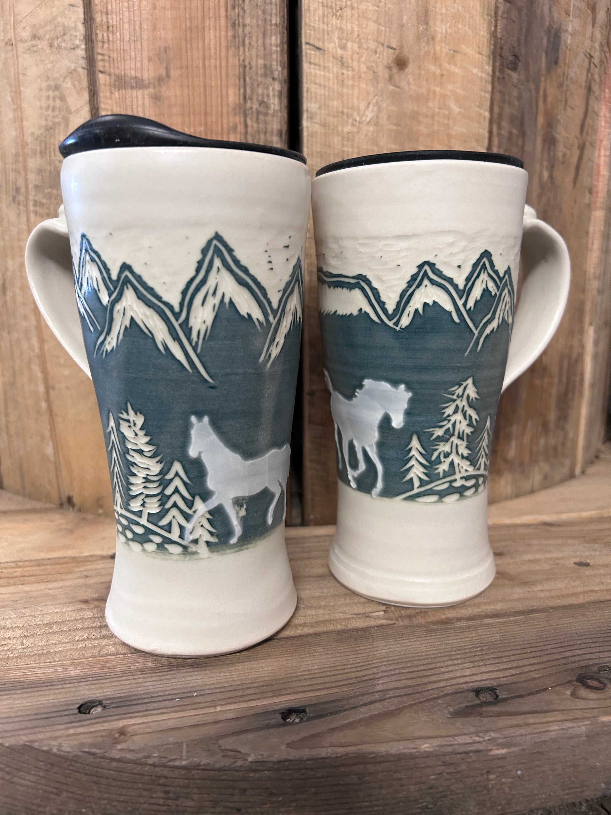 Muddy Duck Pottery Horse Mugs with Lids-Mugs-Muddy Duck Pottery-Mountains-Evolution Equestrian Co.