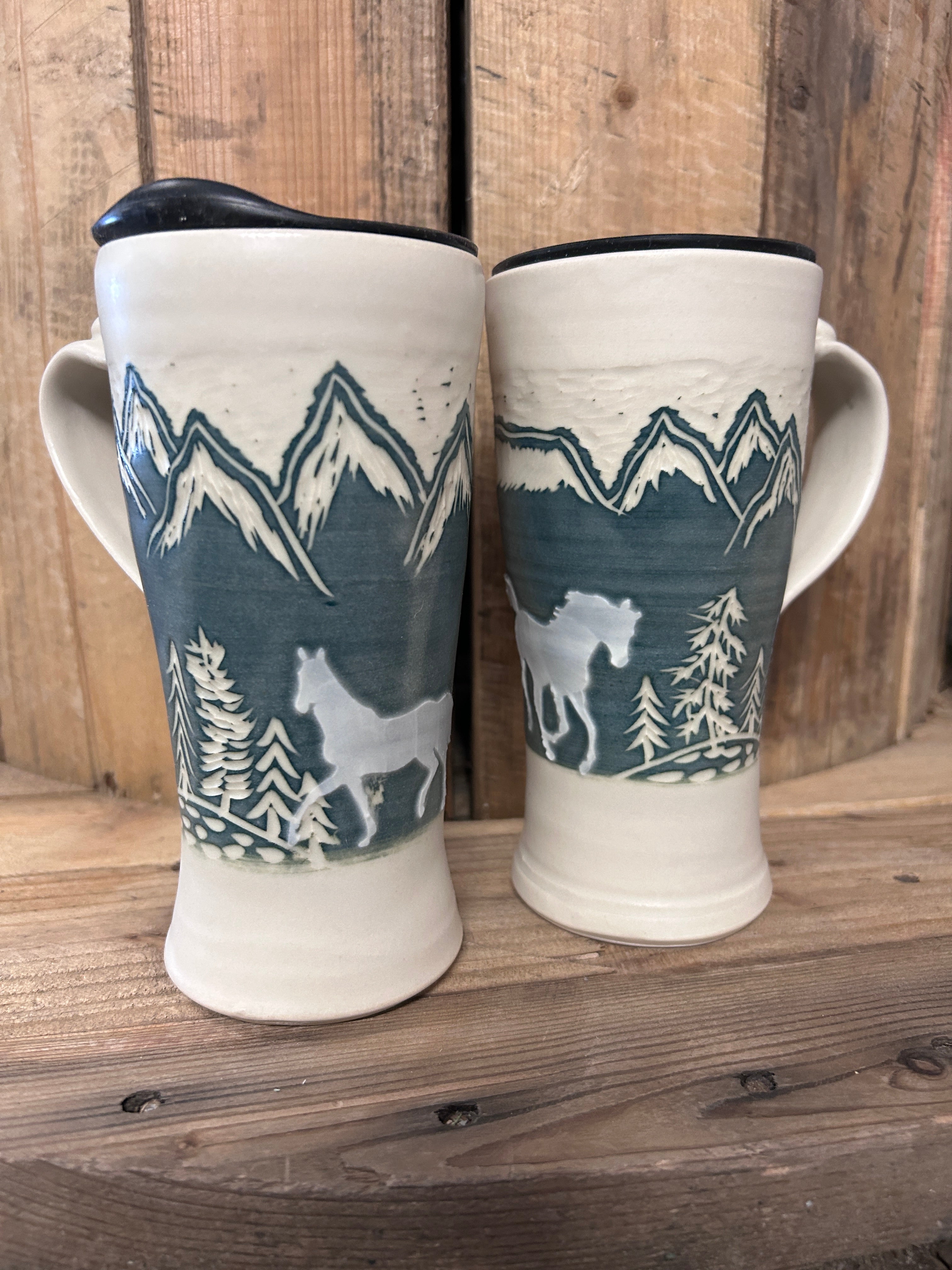 Muddy Duck Pottery Horse Mugs with Lids-Mugs-Muddy Duck Pottery-Mountains-Evolution Equestrian Co.