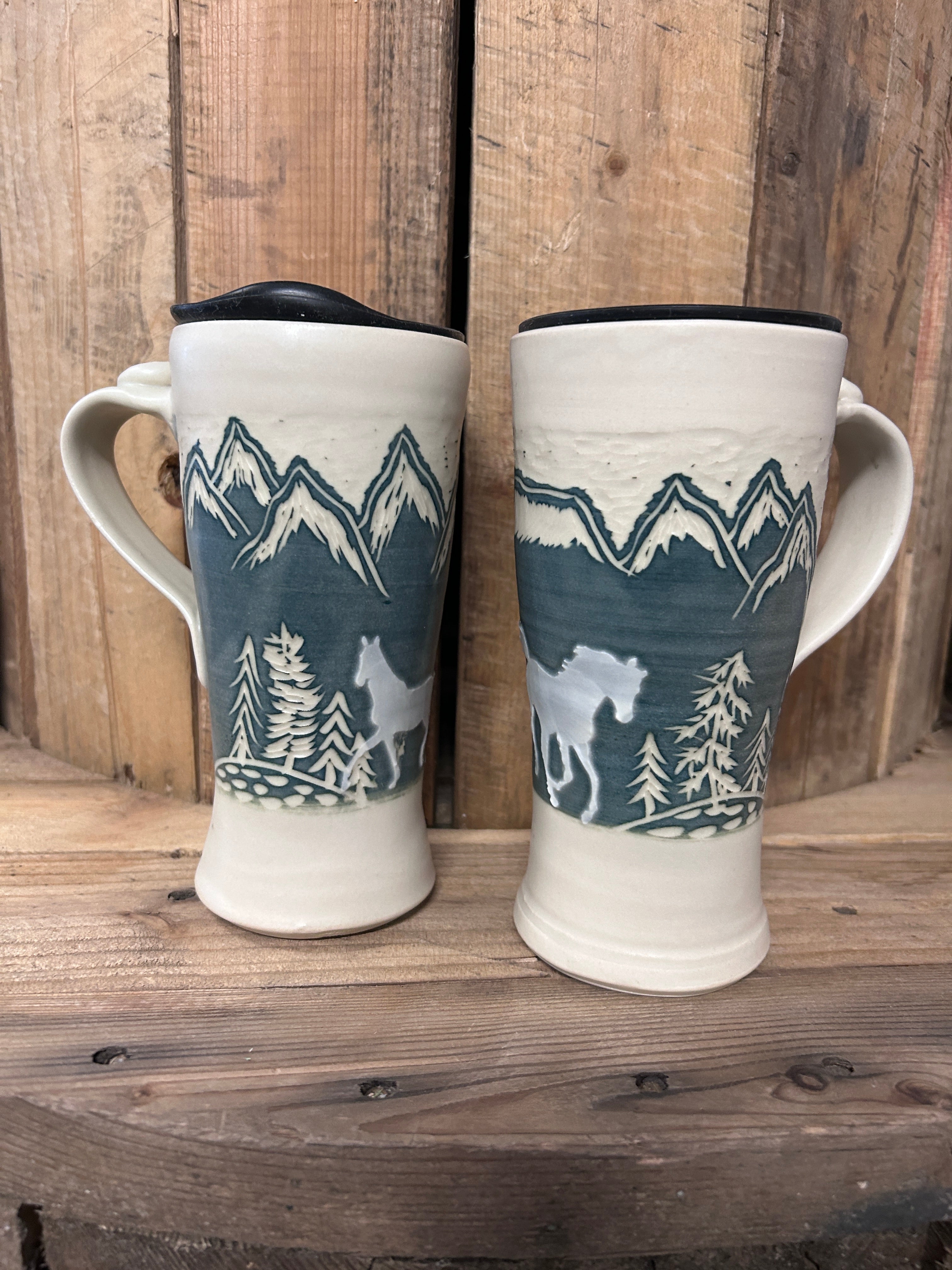 Muddy Duck Pottery Horse Mugs with Lids-Mugs-Muddy Duck Pottery-White and Green-Evolution Equestrian Co.